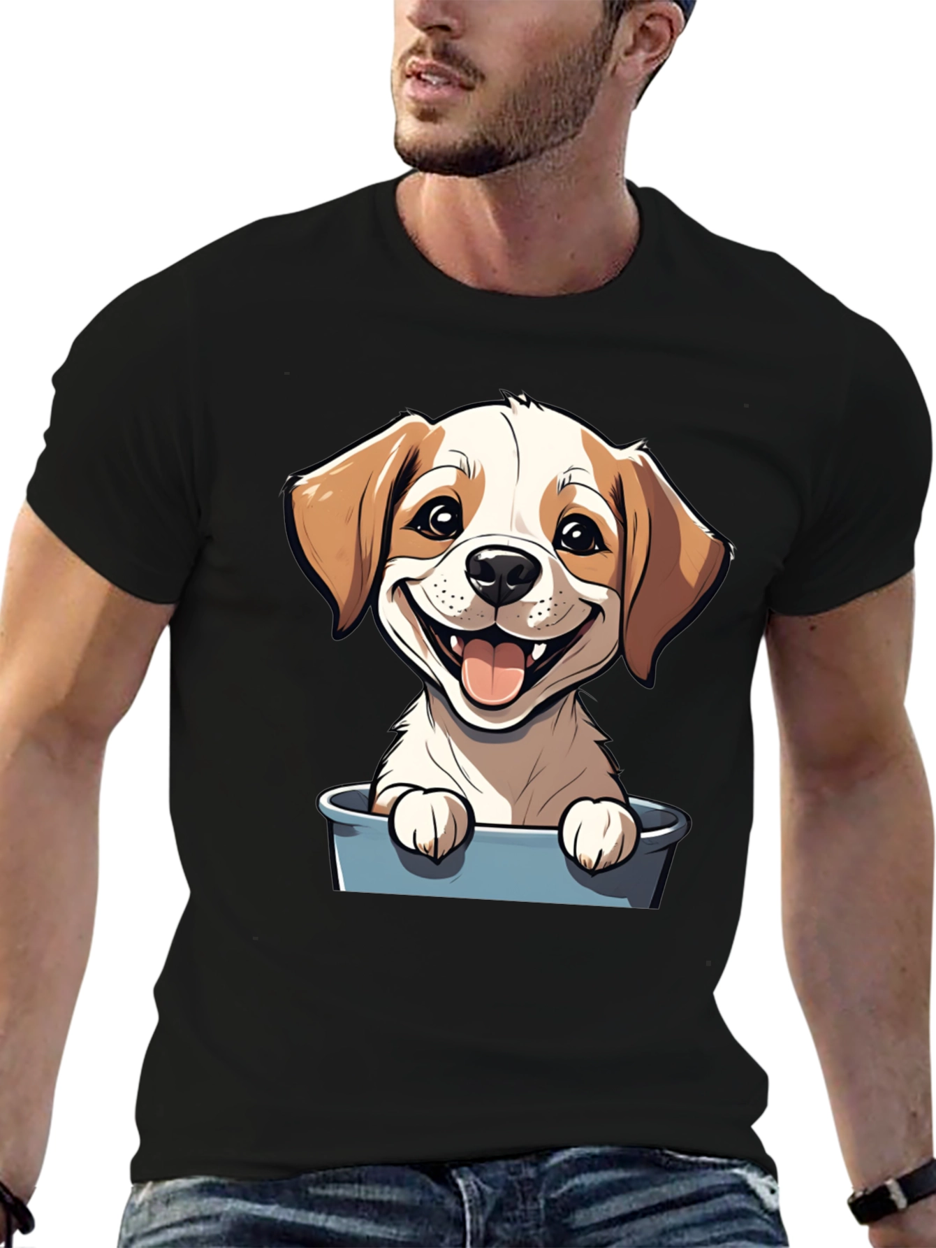 Black Cute Puppy in Bucket Graphic T-Shirt view 6
