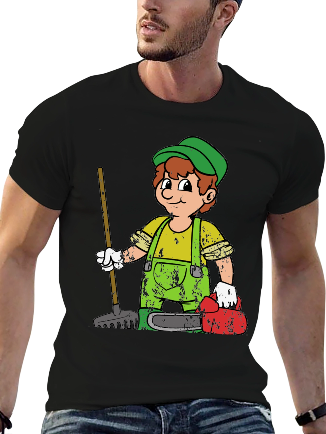 Black Cartoon Gardener Black T-Shirt view 6