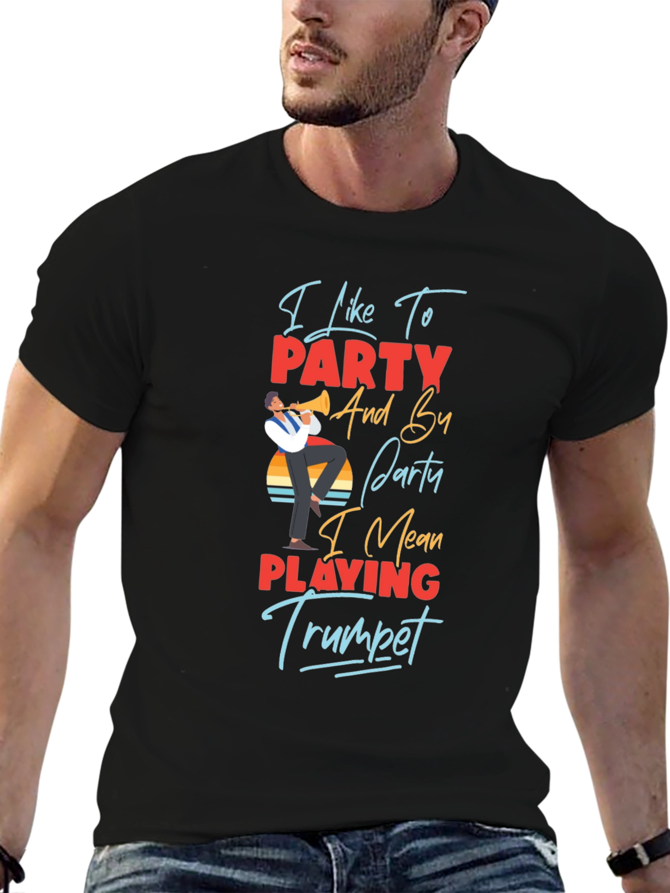 Black I Like to Party Trumpet Player Graphic T-Shirt view 6