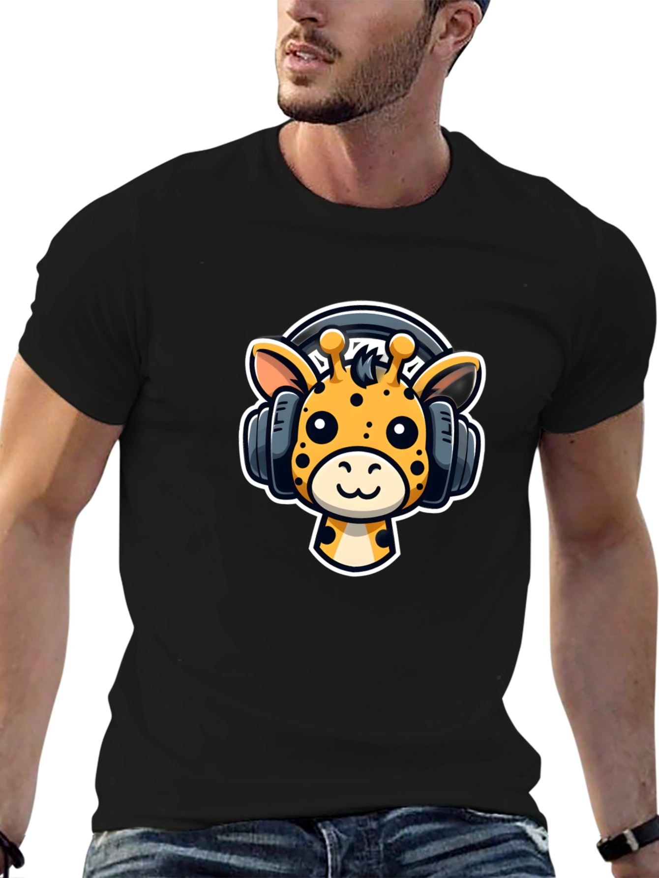 Black Cartoon Giraffe Headphones Graphic T-Shirt view 6