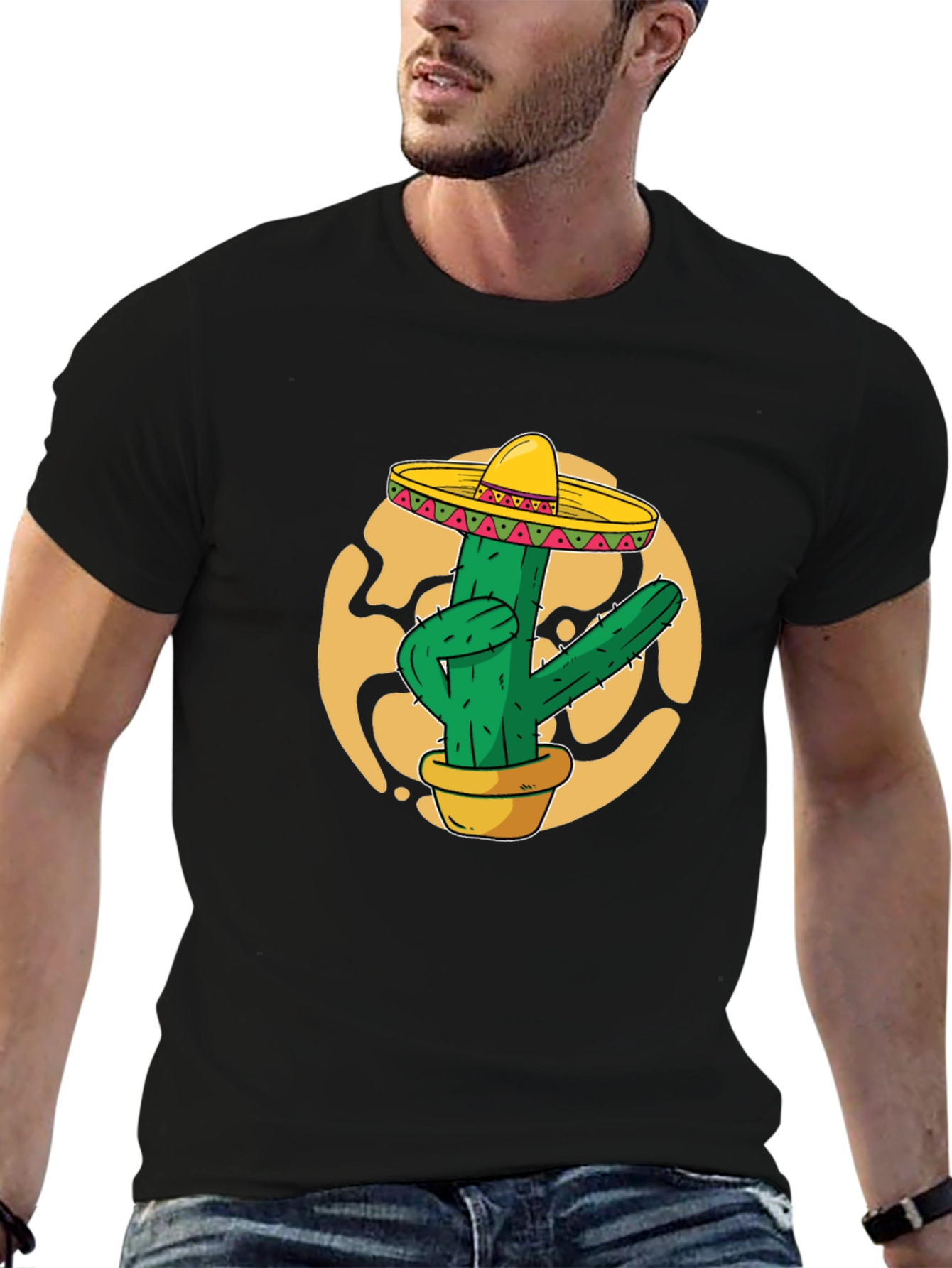 Black Cactus Sombrero Graphic T-Shirt - Black Cotton Tee view 6