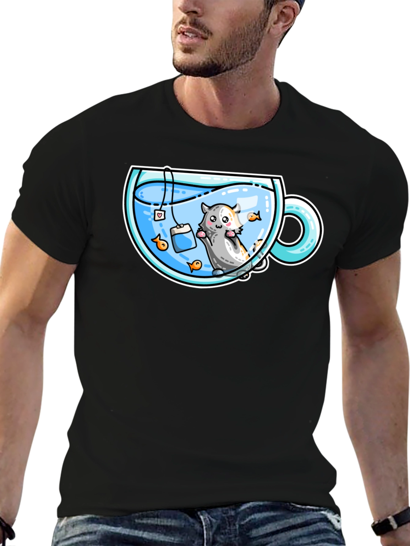 Black Cute Cartoon Tea Cup Hamster Graphic Tee view 6