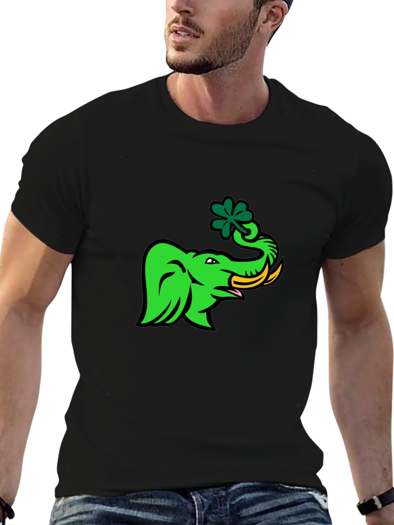 Black Green Elephant with Shamrock Graphic T-Shirt view 6