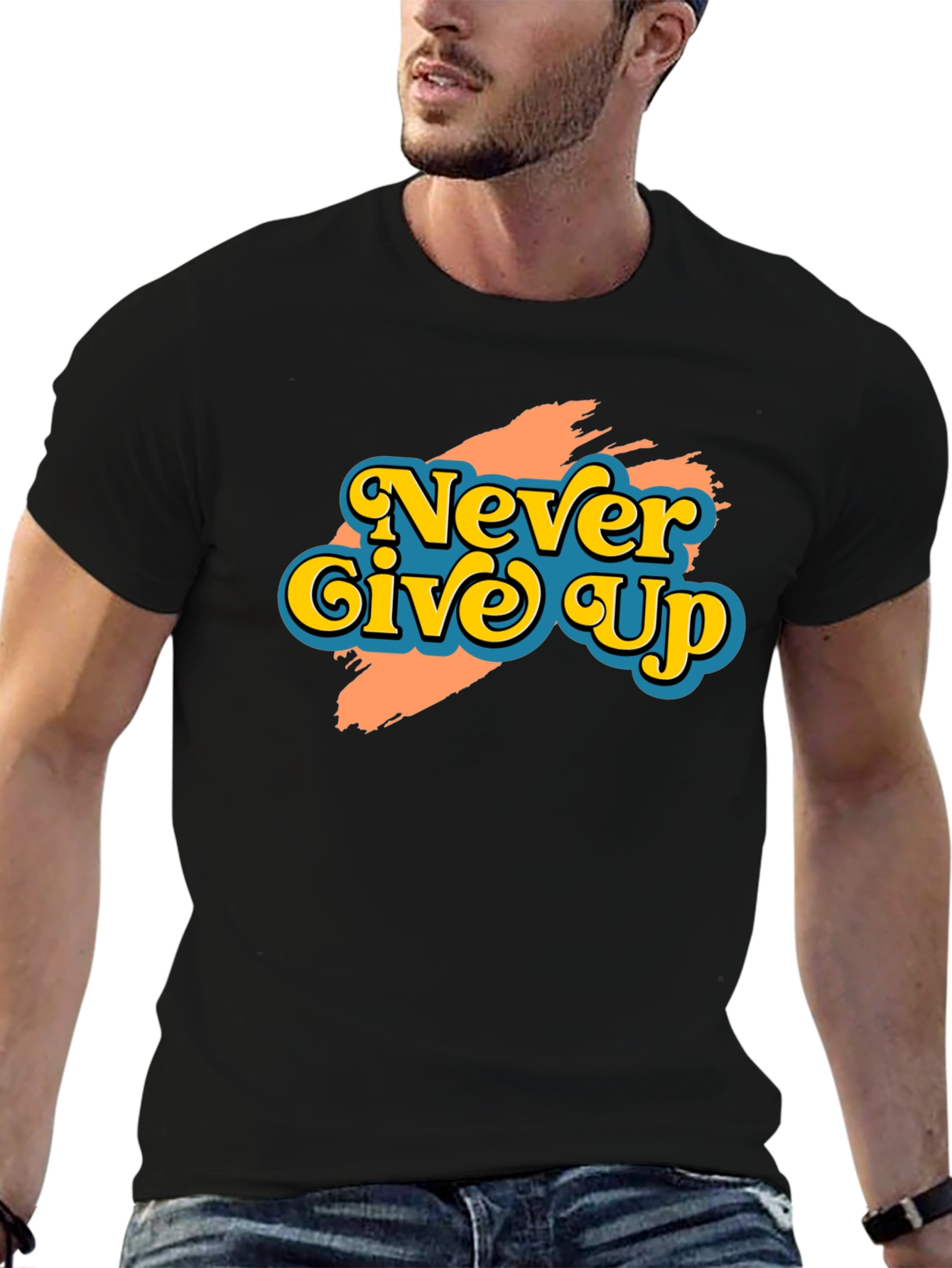 Black Never Give Up Retro Graphic T-Shirt view 6