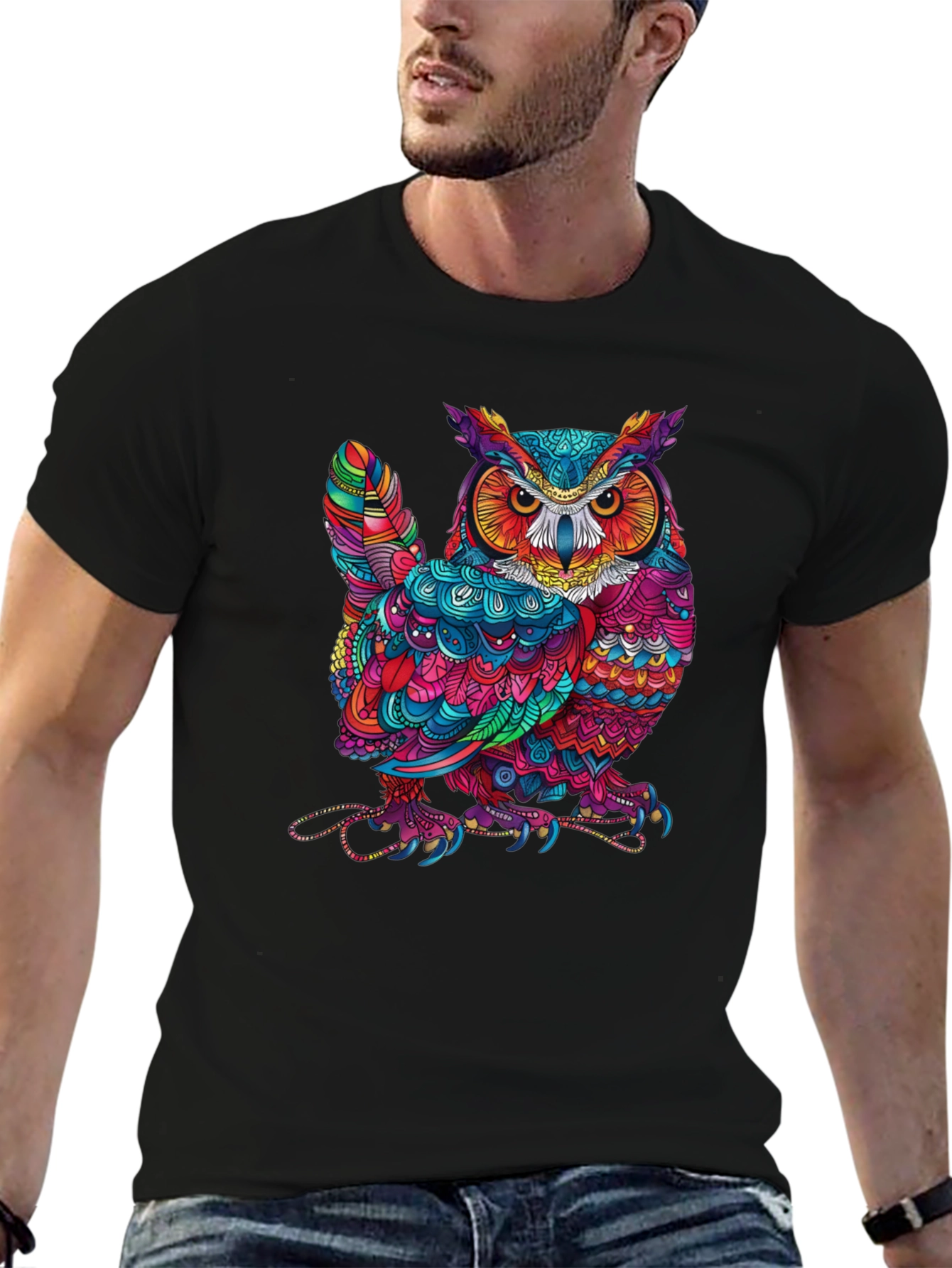 Black Colorful Owl Graphic Print Black T-Shirt view 6