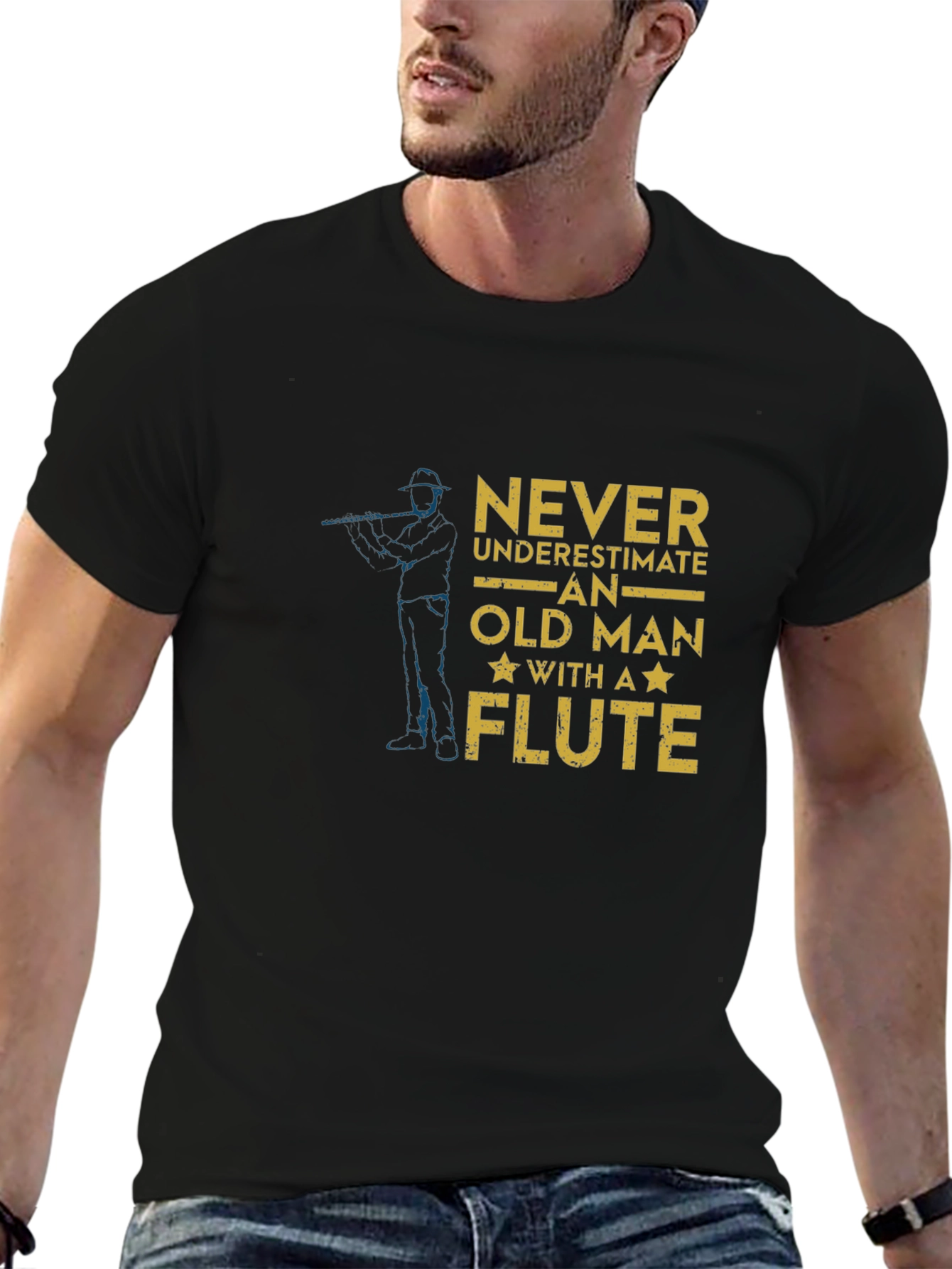 Black Never Underestimate Old Man With A Flute T-Shirt view 6