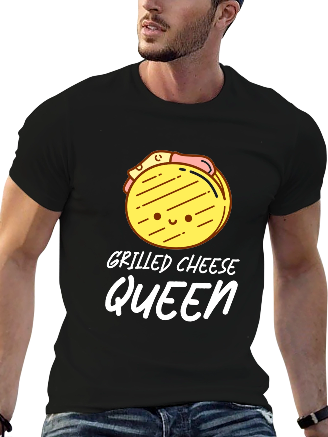 Black Grilled Cheese Queen T-Shirt - Black, Cute Cartoon Design view 6