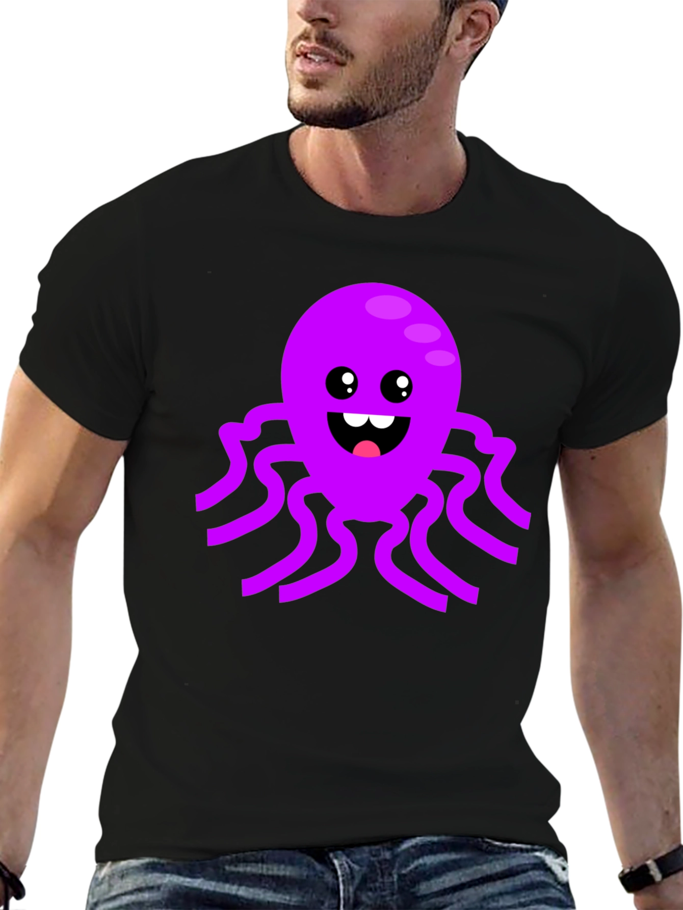 Black Cute Octopus Graphic Tee - Black Cotton T-Shirt view 6