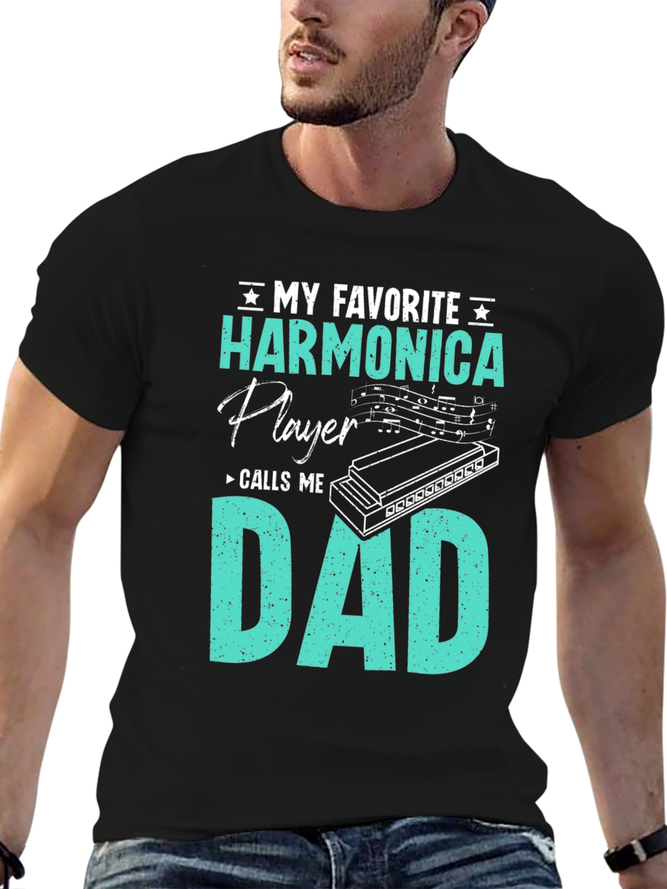 Black Harmonica Player Dad T-Shirt - Musician Father's Day Gift view 6