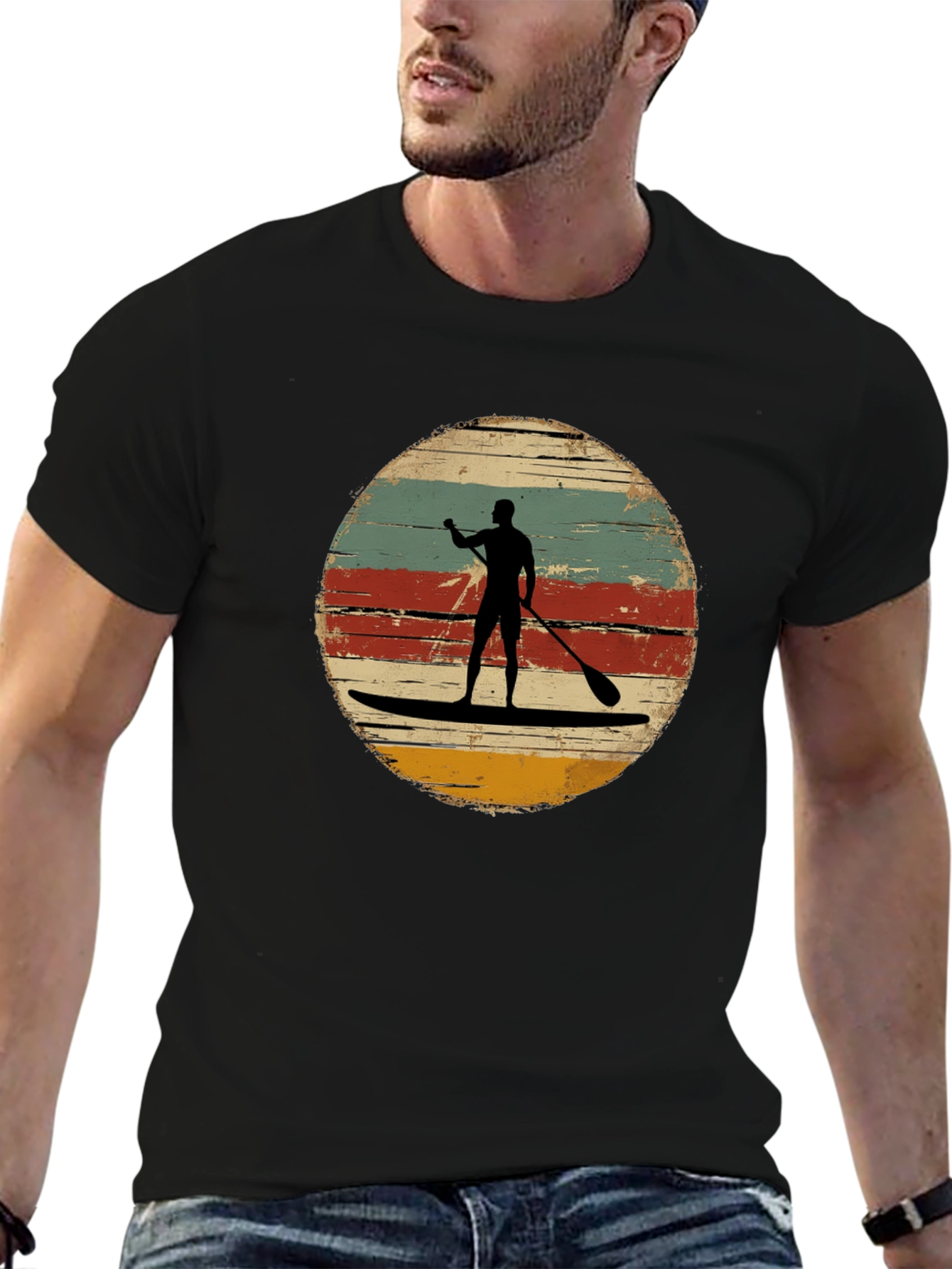 Black Retro Paddle Boarding T-Shirt - Vintage Style Surfing Tee view 6