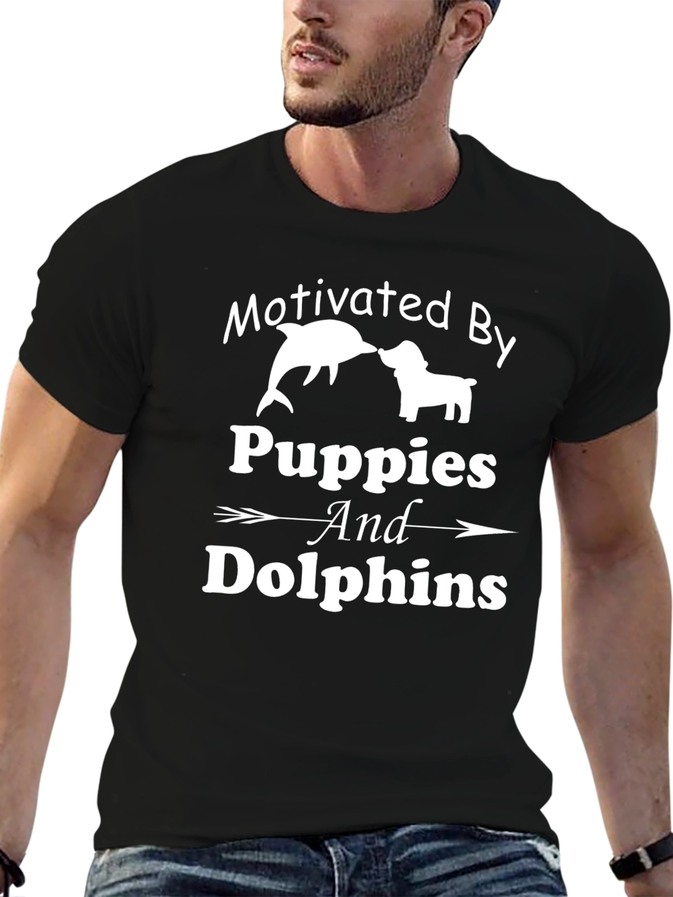 Black Motivated By Puppies and Dolphins Black T-Shirt view 6