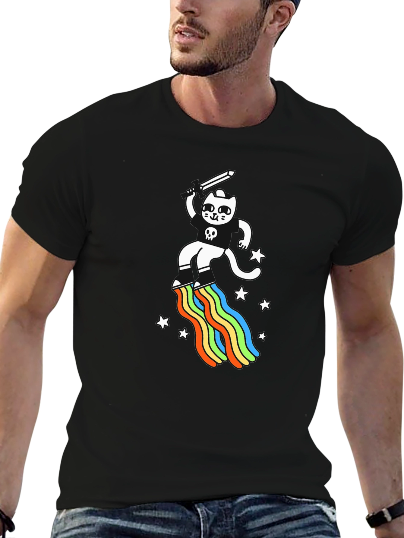 Black Cat Sword Rainbow Black T-Shirt view 6