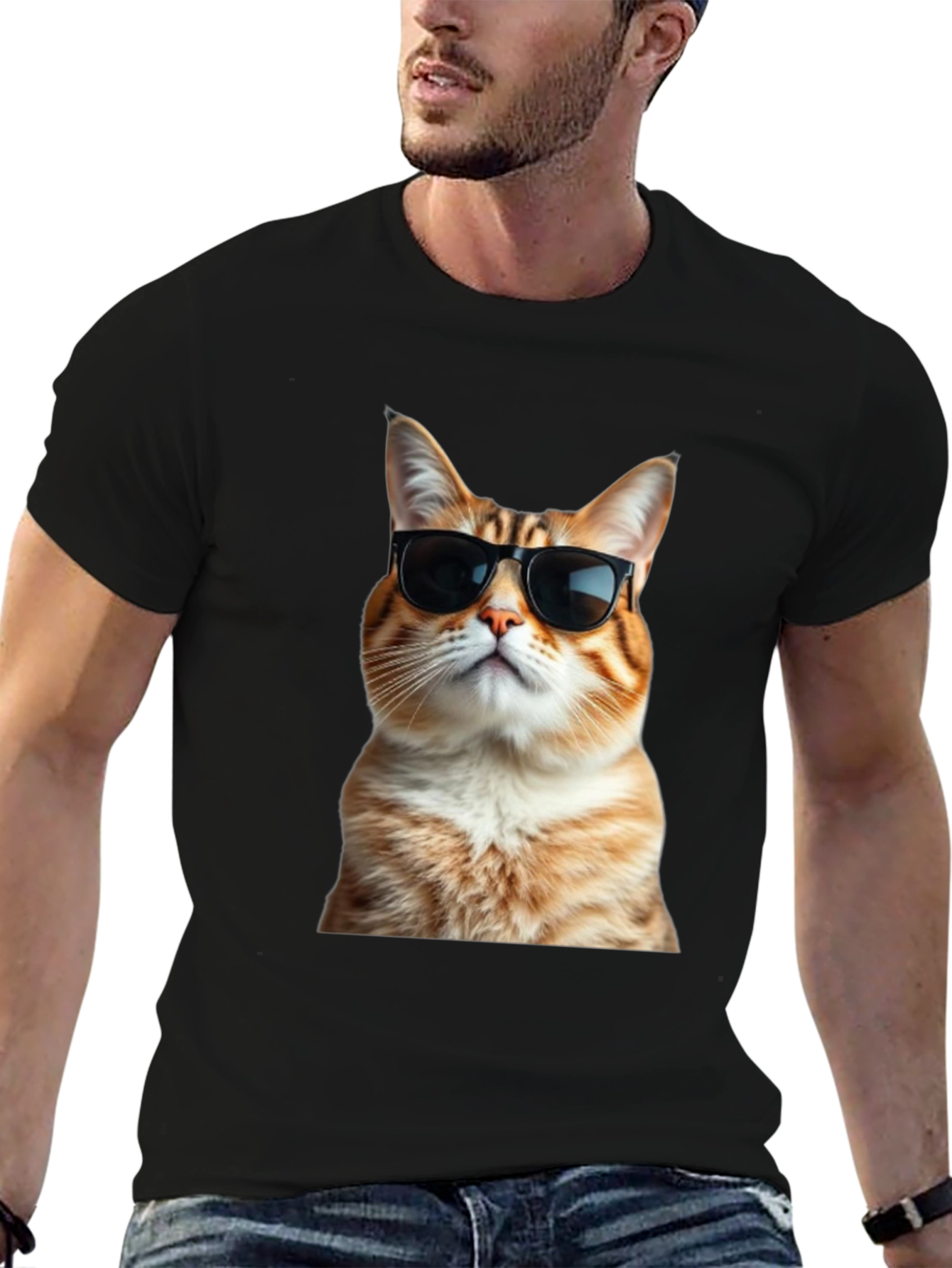 Black Cool Cat T-Shirt - Black Cotton Tee view 6