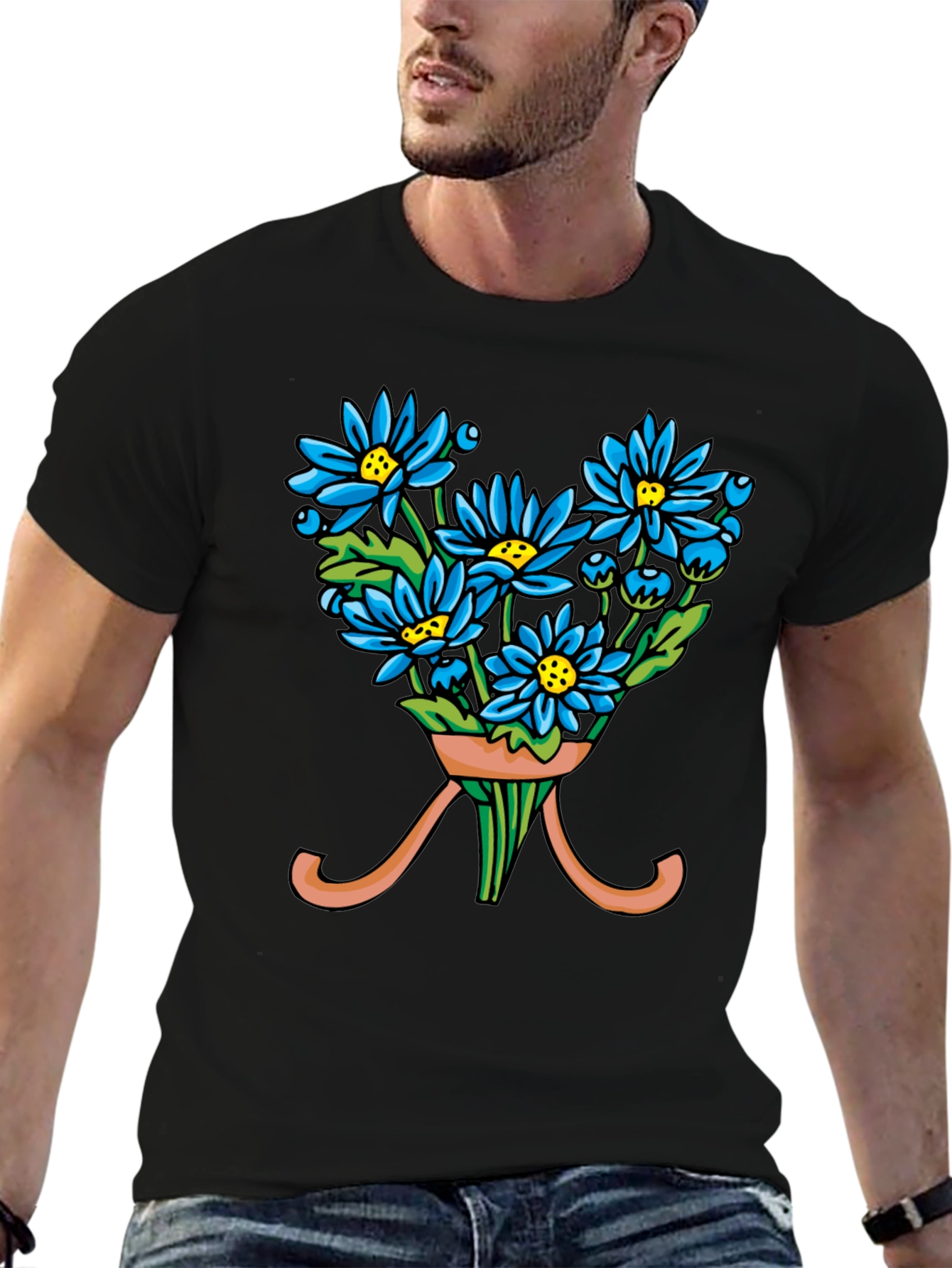 Black Floral Bouquet T-Shirt - Blue Daisy Design view 6