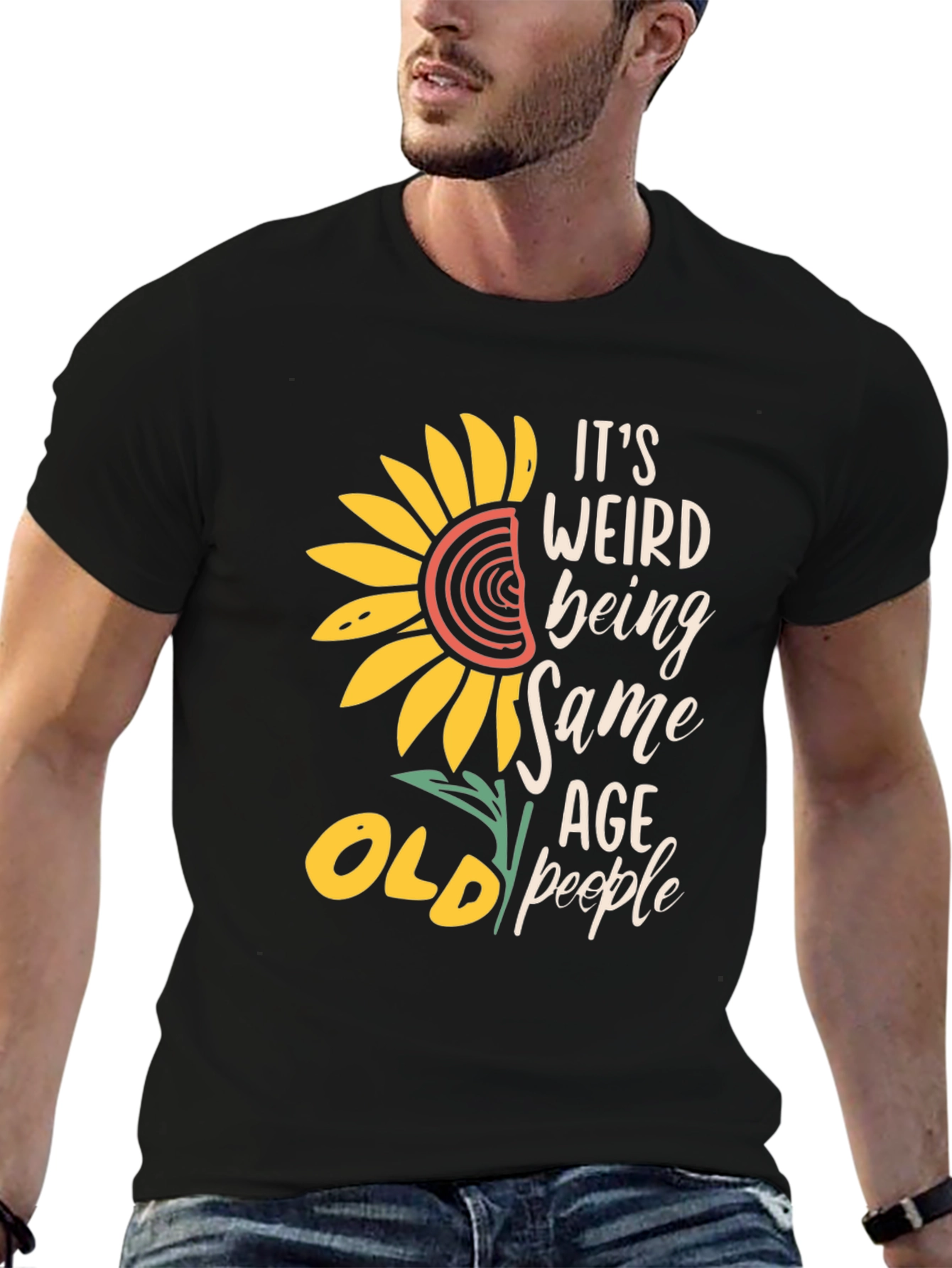 Black Funny Old People T-Shirt, Sunflower Design view 6