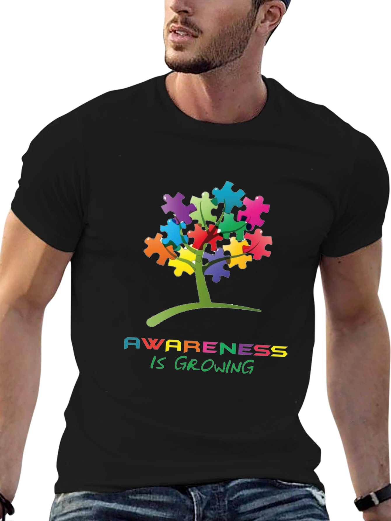 Black Autism Awareness Puzzle Tree T-Shirt view 6