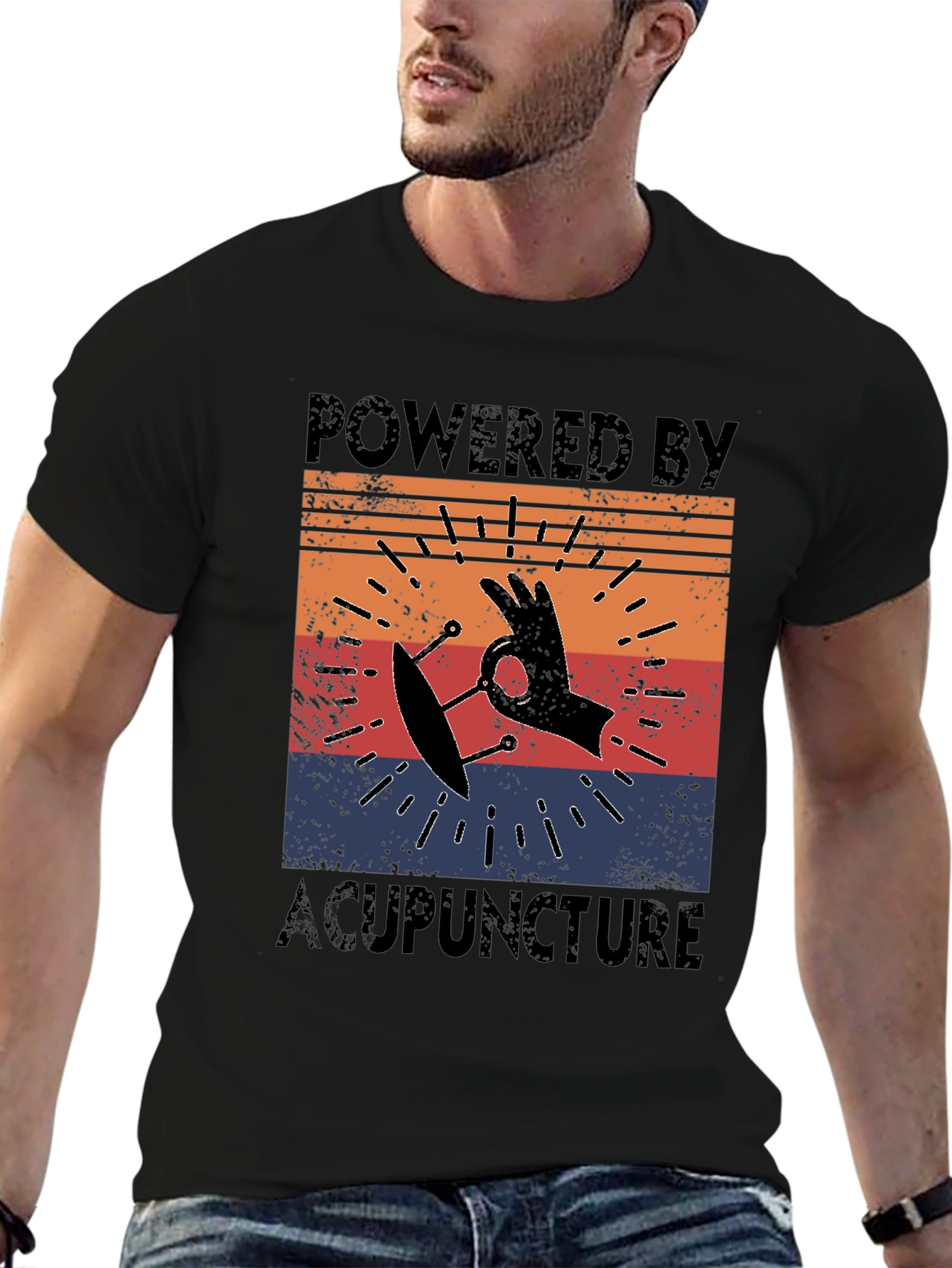 Black Powered by Acupuncture Retro T-Shirt view 6