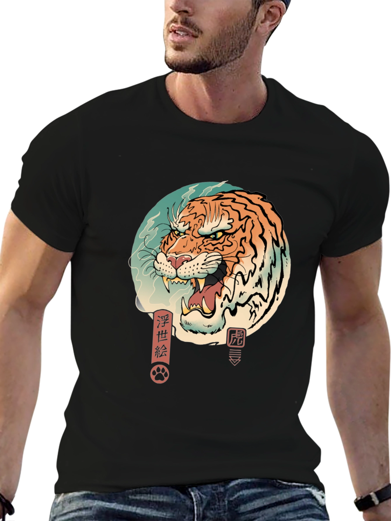 Black Ukiyo-e Tiger Graphic Tee - Men's Black T-Shirt view 6