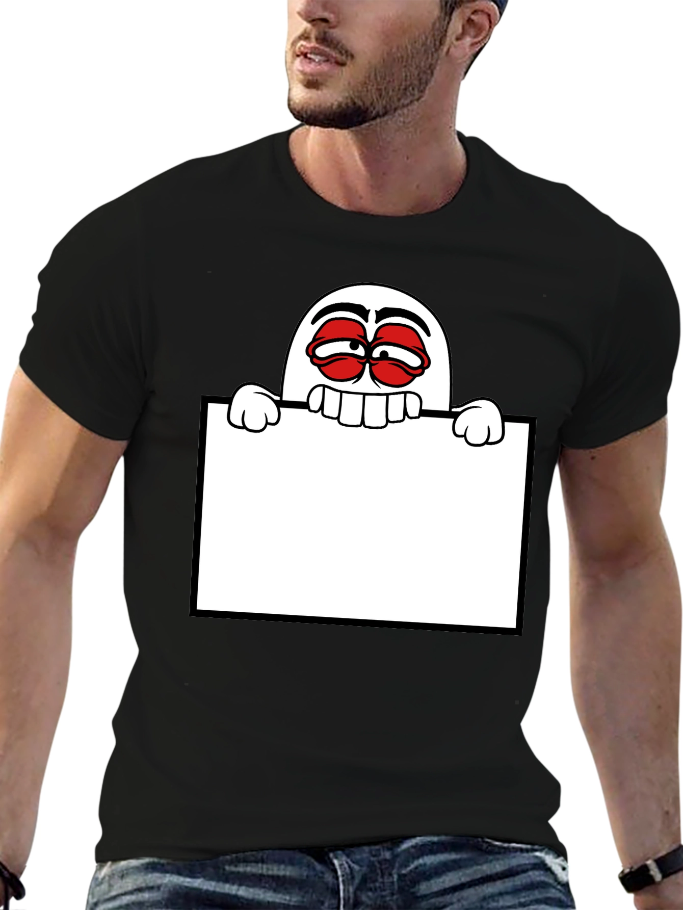 Black Funny Graphic Tee - Cartoon Character Holding Sign view 6