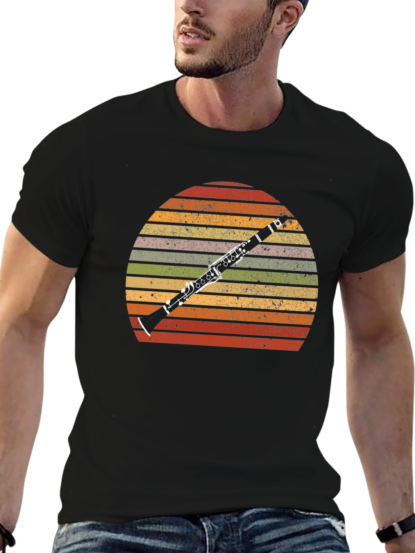 Black Retro Clarinet Player T-Shirt - Vintage Sunset Music Tee view 6