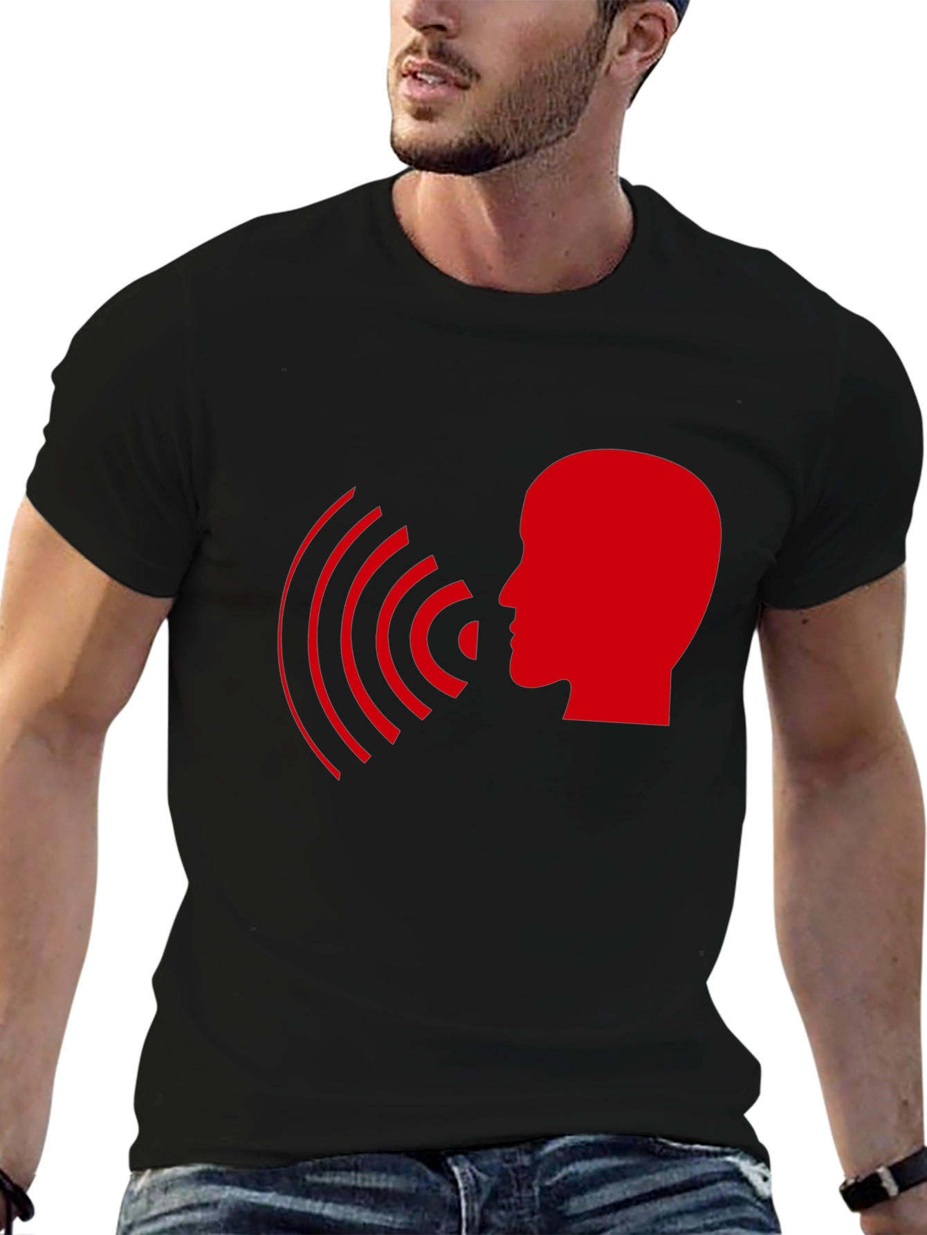 Black Statement T-Shirt - Red Head with Soundwaves Design view 6