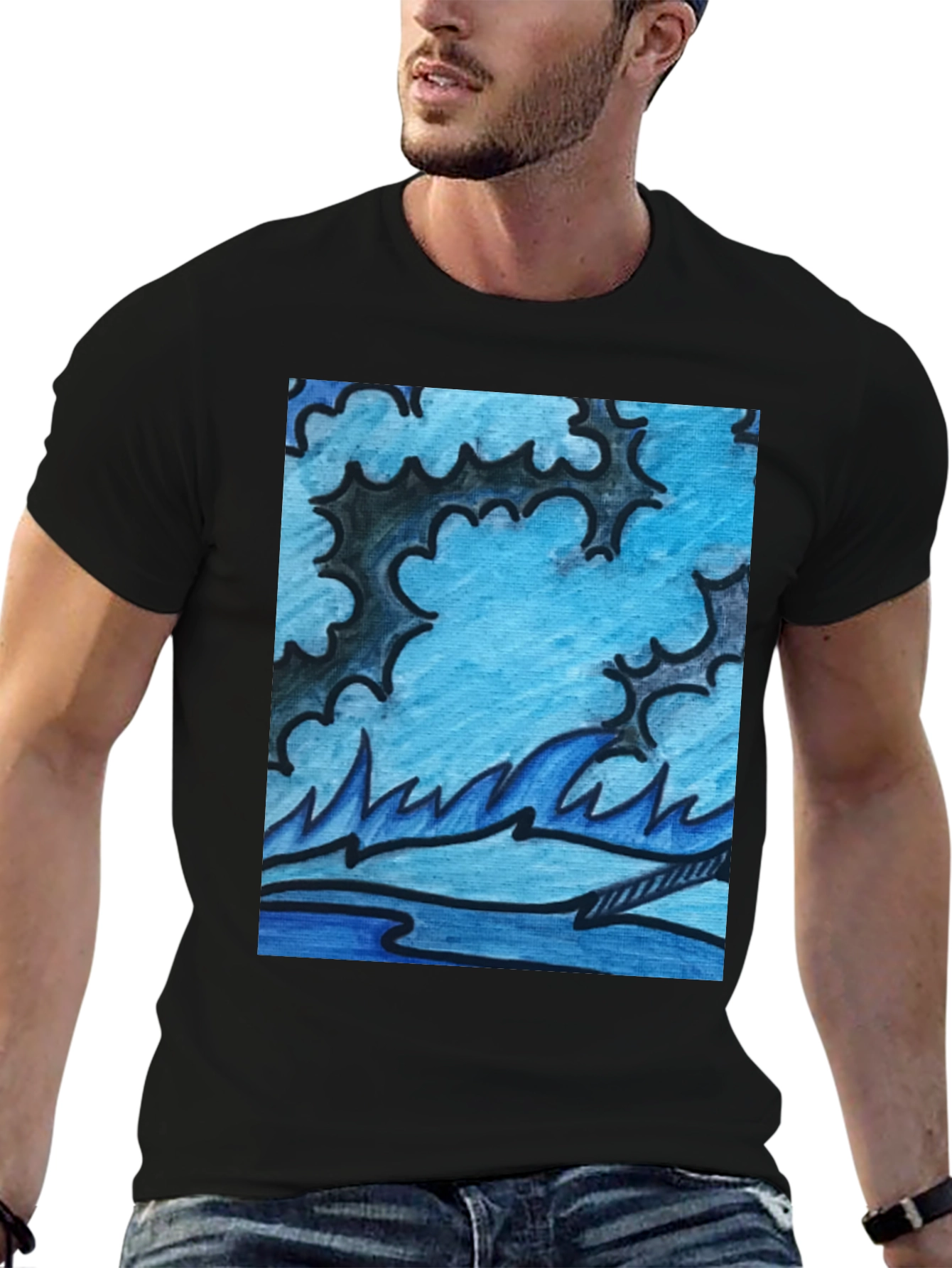 Black Abstract Blue Wave Graphic Black T-Shirt view 6