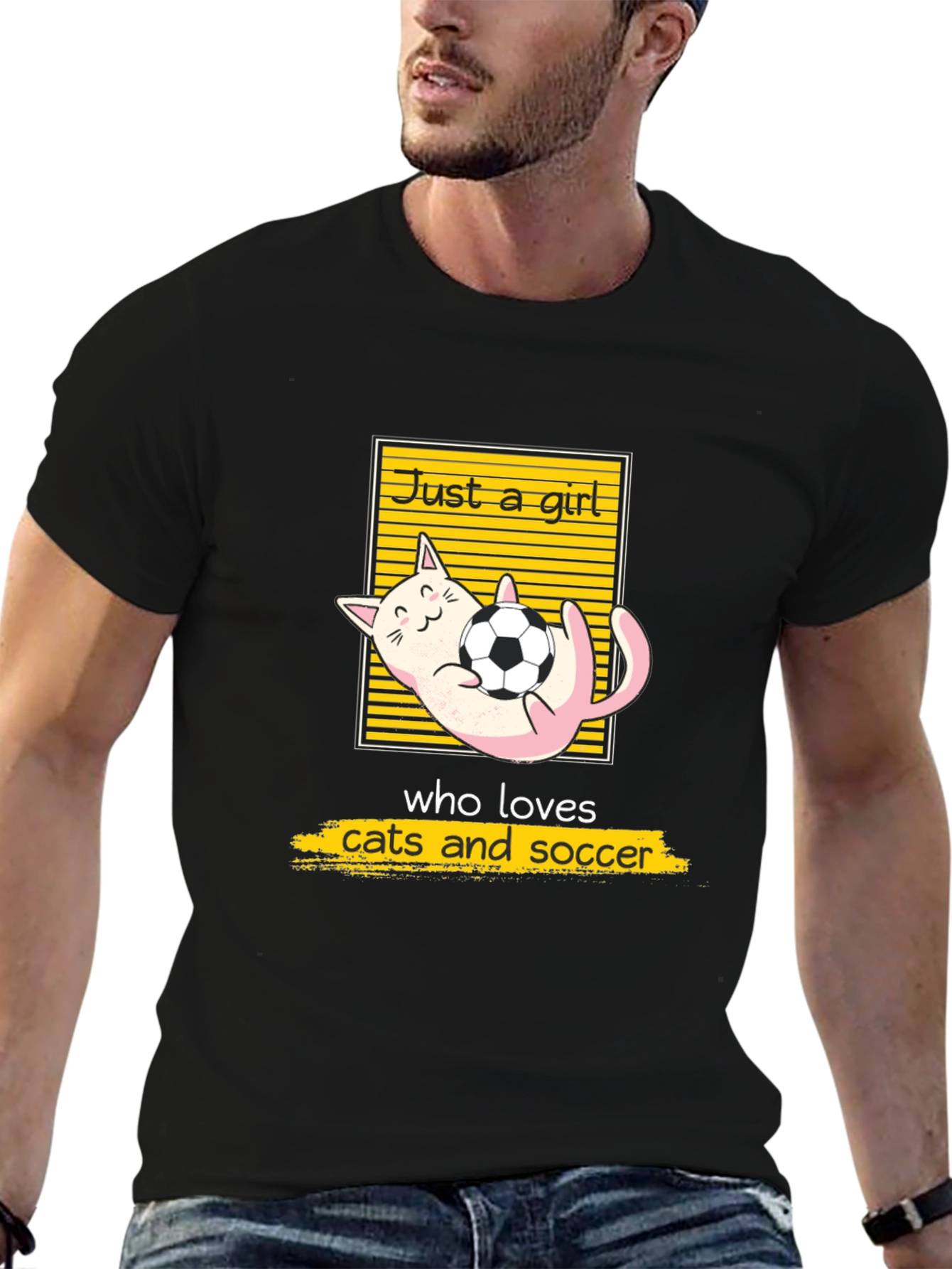 Black Just a Girl Who Loves Cats and Soccer T-Shirt view 6