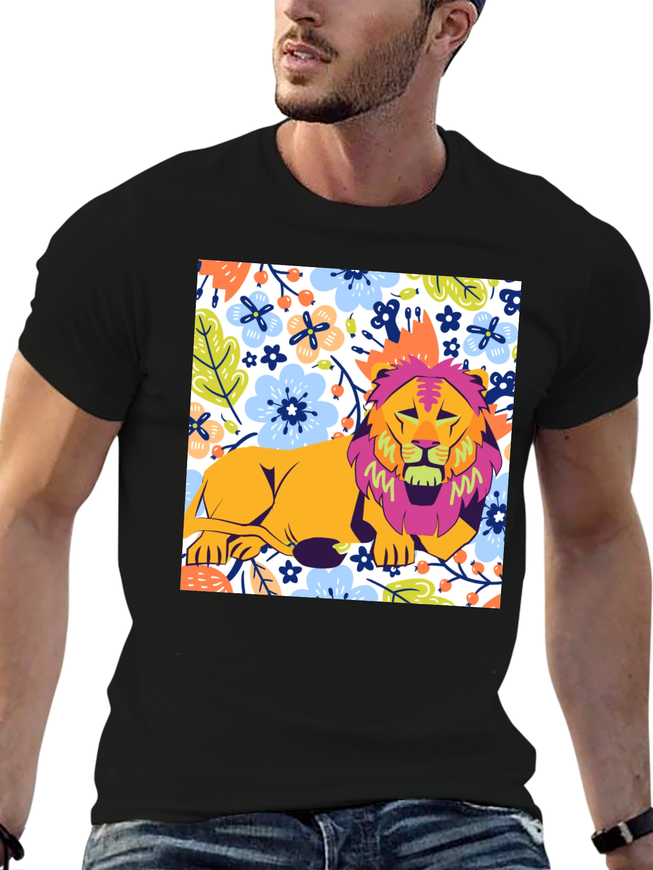Black Floral Lion Graphic T-Shirt - Stylish Men's Tee view 6