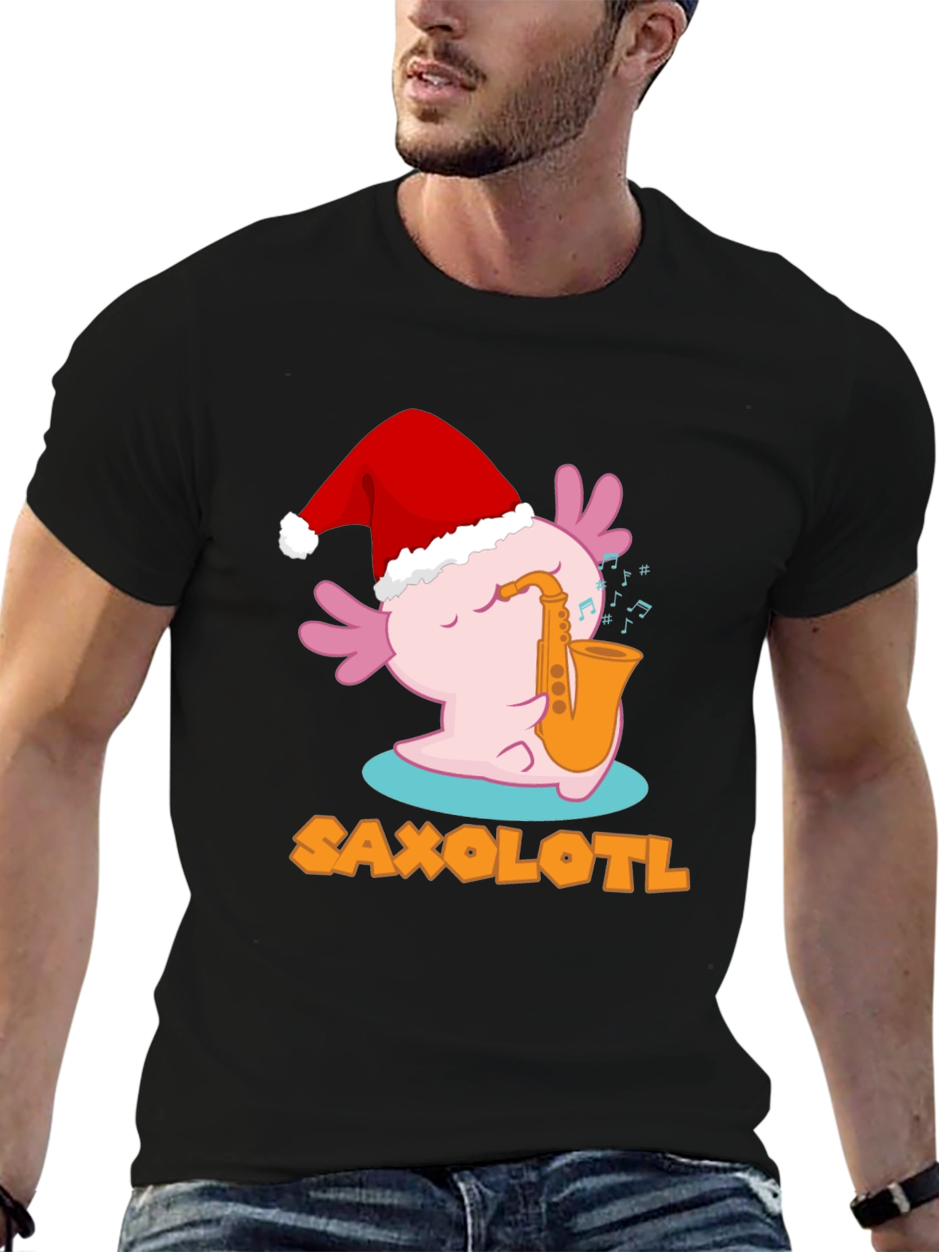 Black Saxolotl Santa Hat Christmas Black T-Shirt view 6