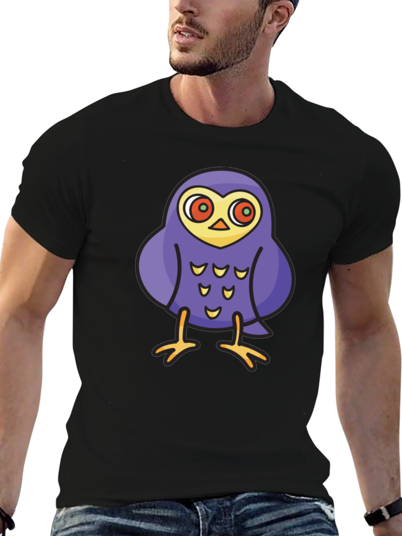 Black Cartoon Owl Graphic Tee - Black Cotton T-Shirt view 6