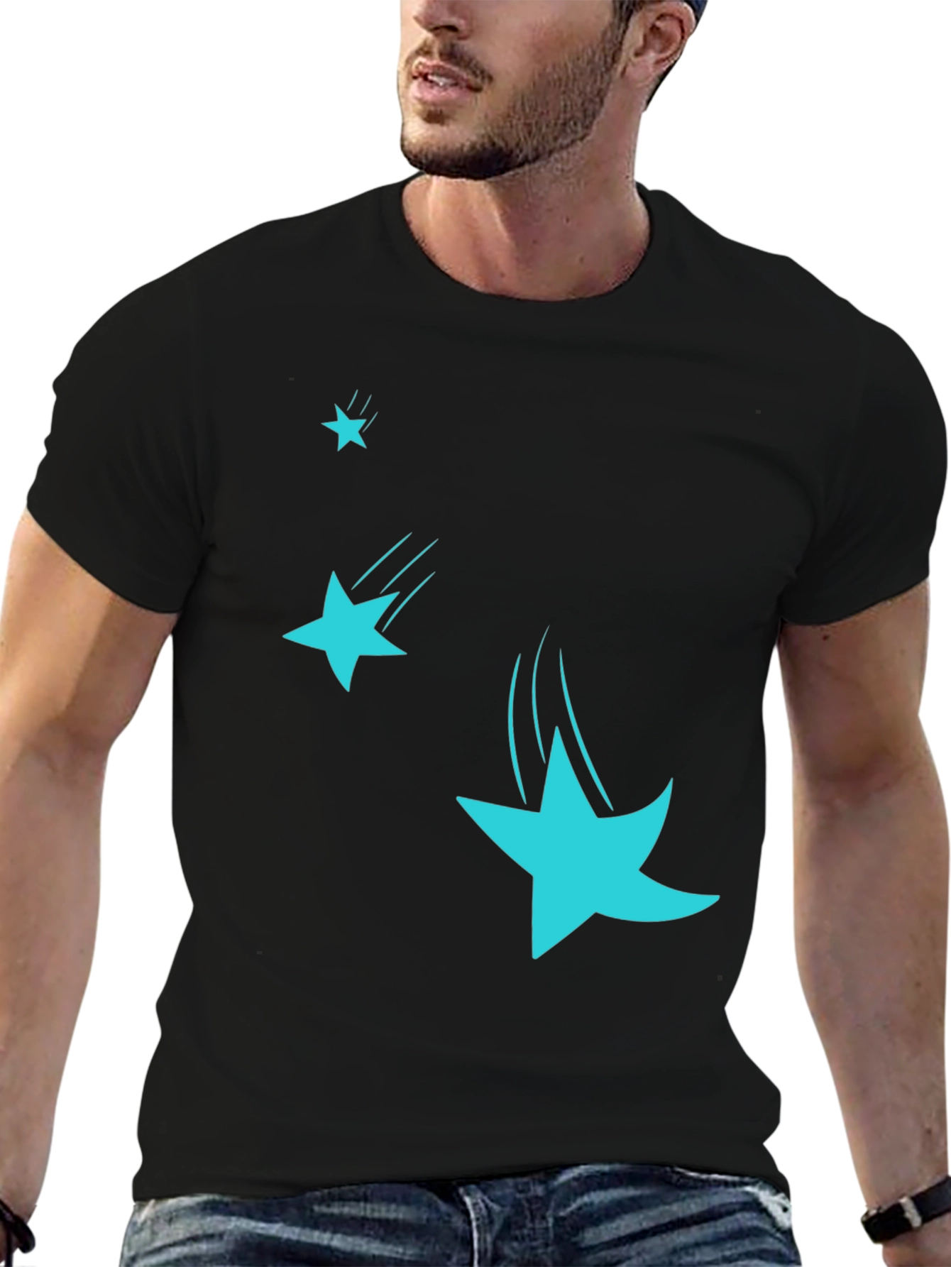 Black Men's Black T-Shirt with Falling Stars Design view 6