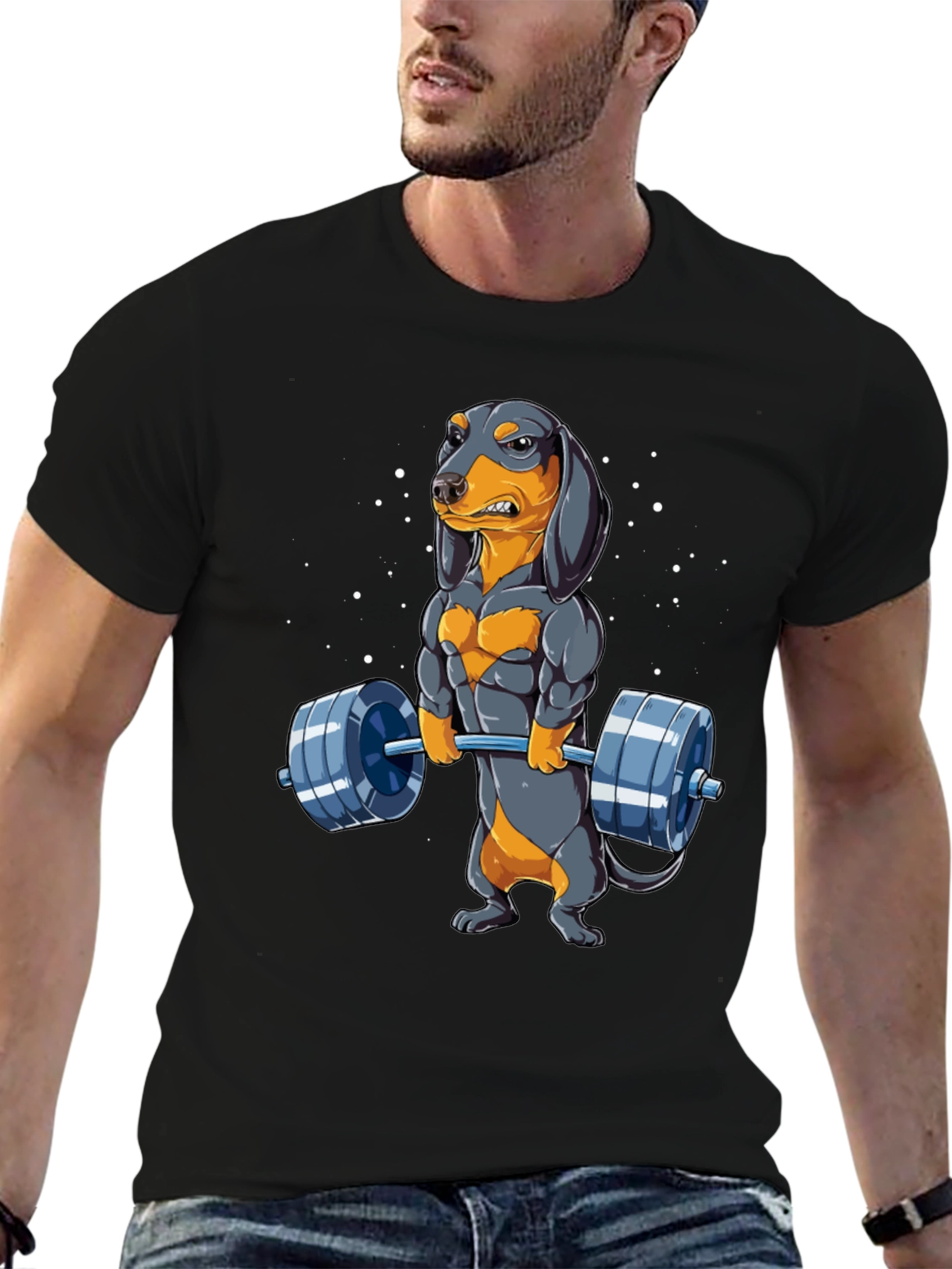 Black Funny Dachshund Weightlifting Graphic T-Shirt view 6