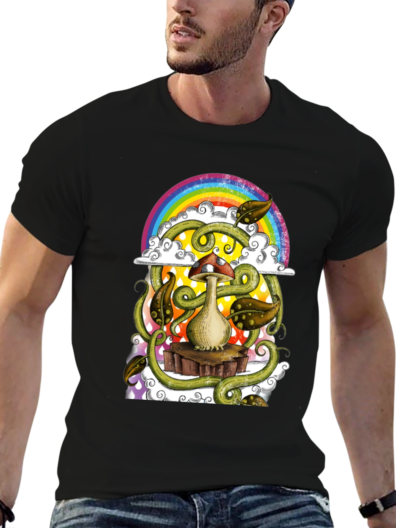 Black Mushroom Rainbow T-Shirt - Groovy Psychedelic Tee view 6