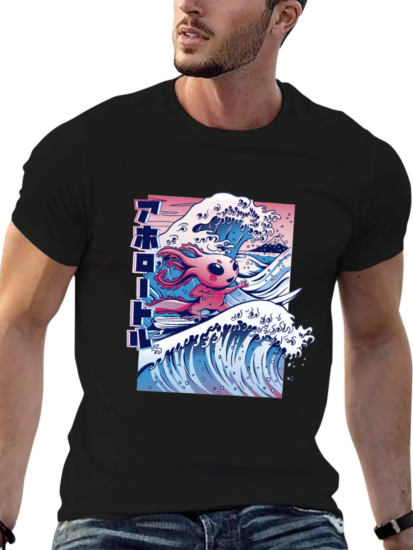 Black Surfing Axolotl Graphic Tee - Black Cotton Blend T-Shirt view 6