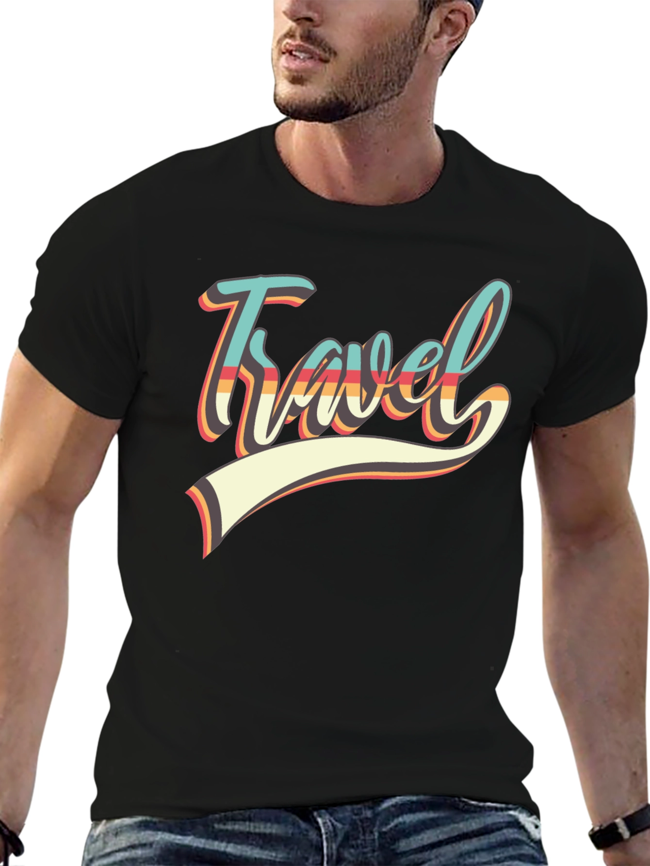 Black Retro Travel Graphic Tee - Black Cotton Shirt view 6