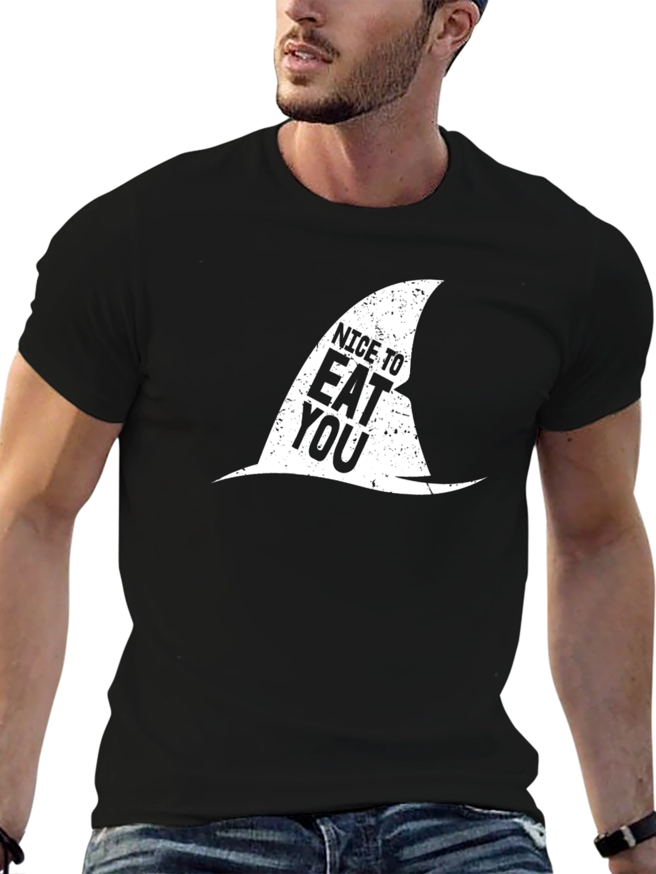 Black Nice To Eat You Shark Fin Black T-Shirt view 6