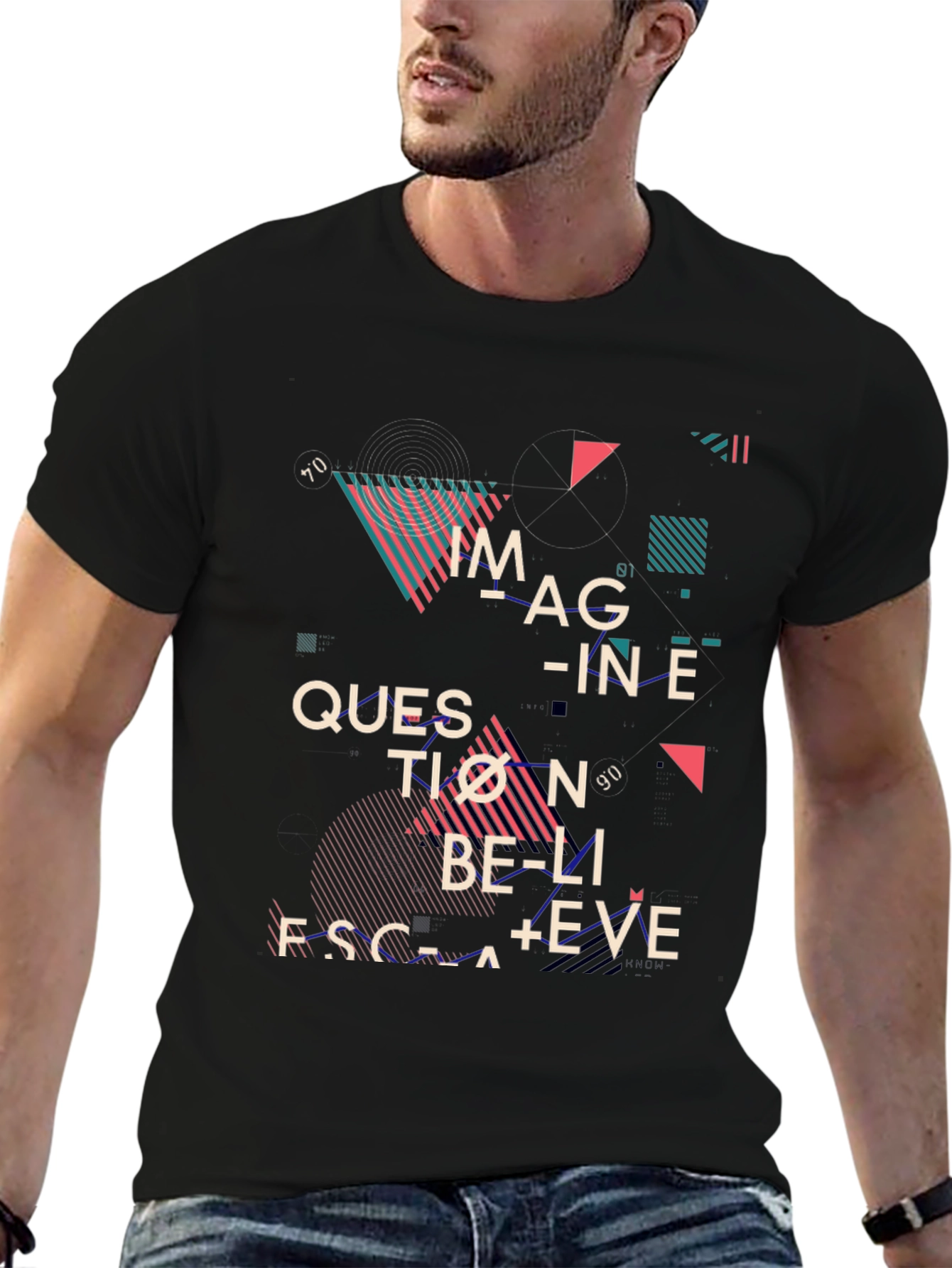 Black Abstract Graphic Print Tee - Imagine, Question, Believe view 6