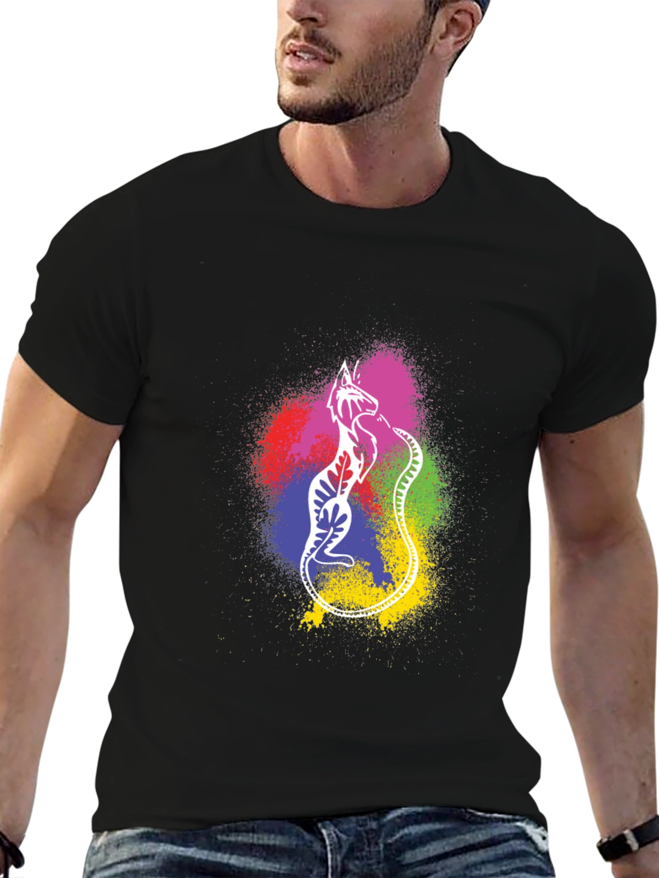 Black Colorful Cat Graphic T-Shirt - Black view 6