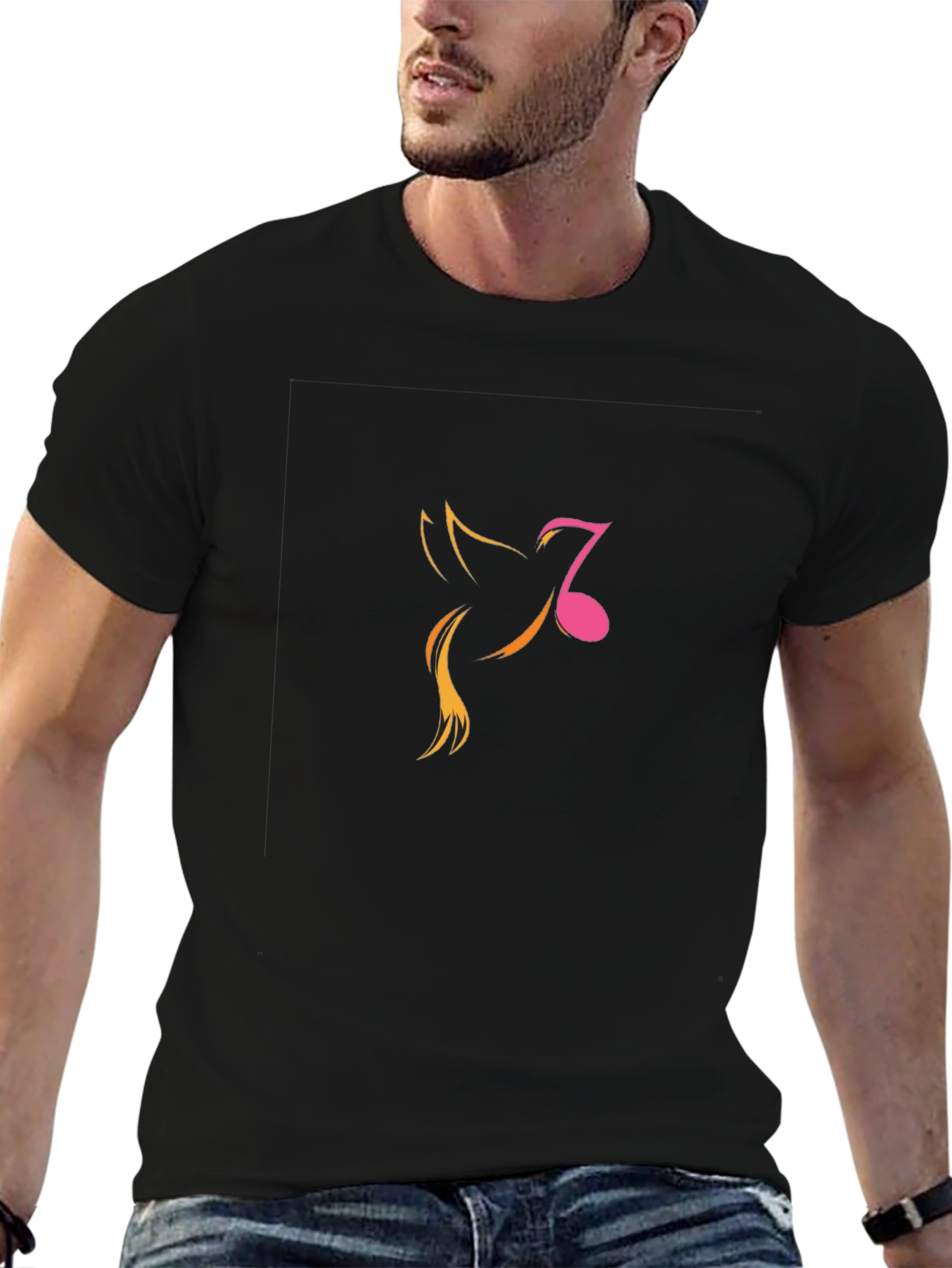 Black Men's Black Graphic Tee - Music Note Bird Design view 6