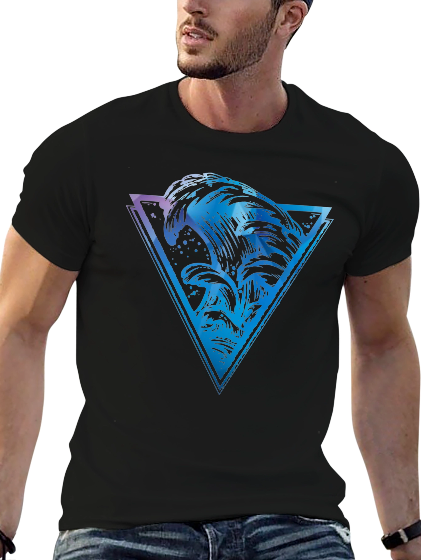 Black Ocean Wave Triangle Graphic Tee - Men's Black T-Shirt view 6