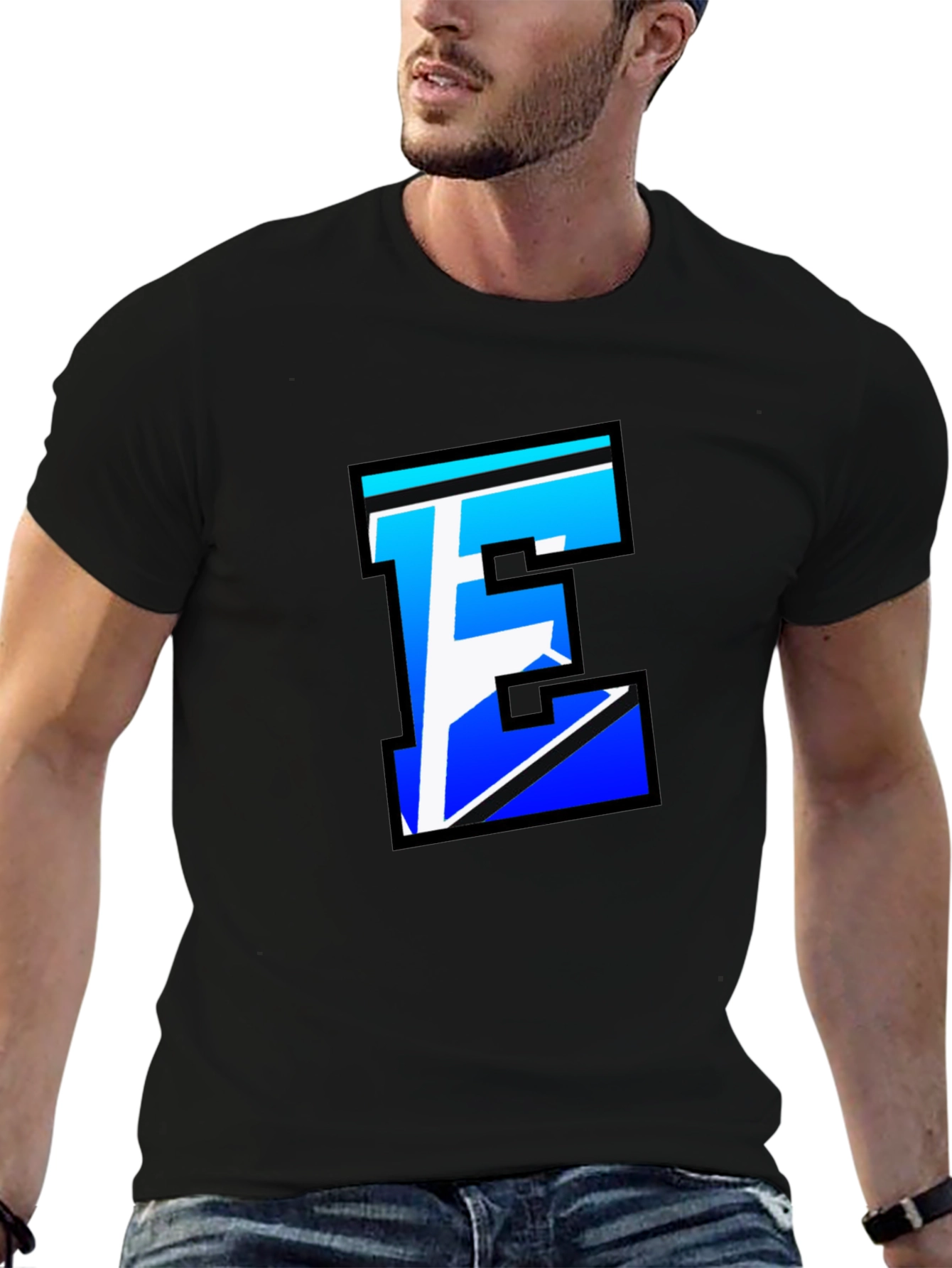 Black Stylish Letter E Graphic Tee - Black Cotton Blend view 6