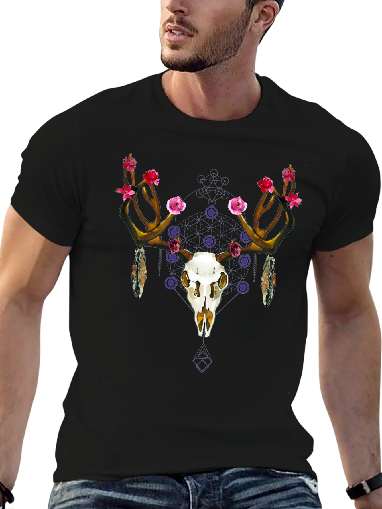 Black Floral Deer Skull Graphic Tee - Black Cotton view 6