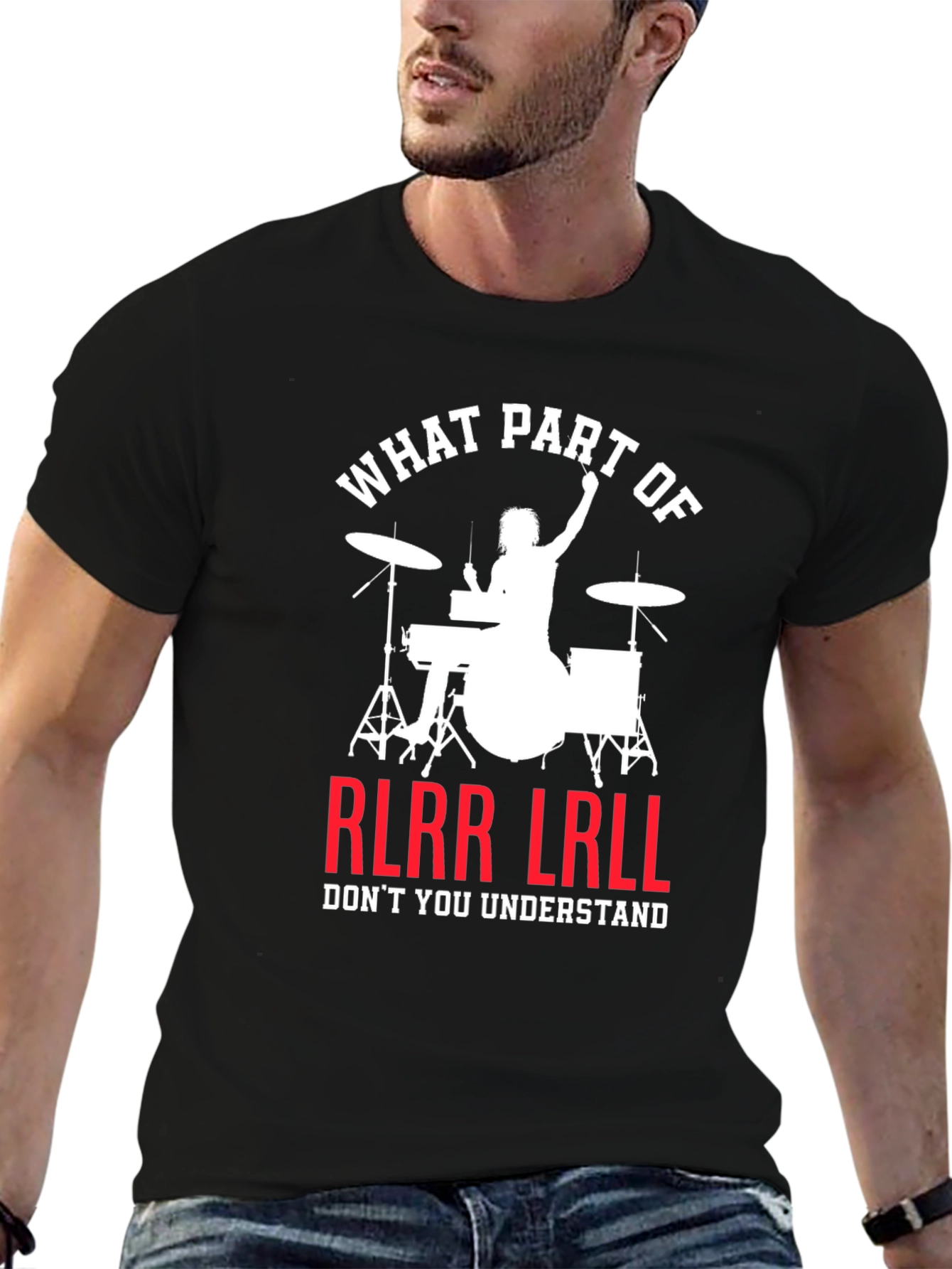 Black Drummer RLRR LRLL T-Shirt Funny Music Tee view 6