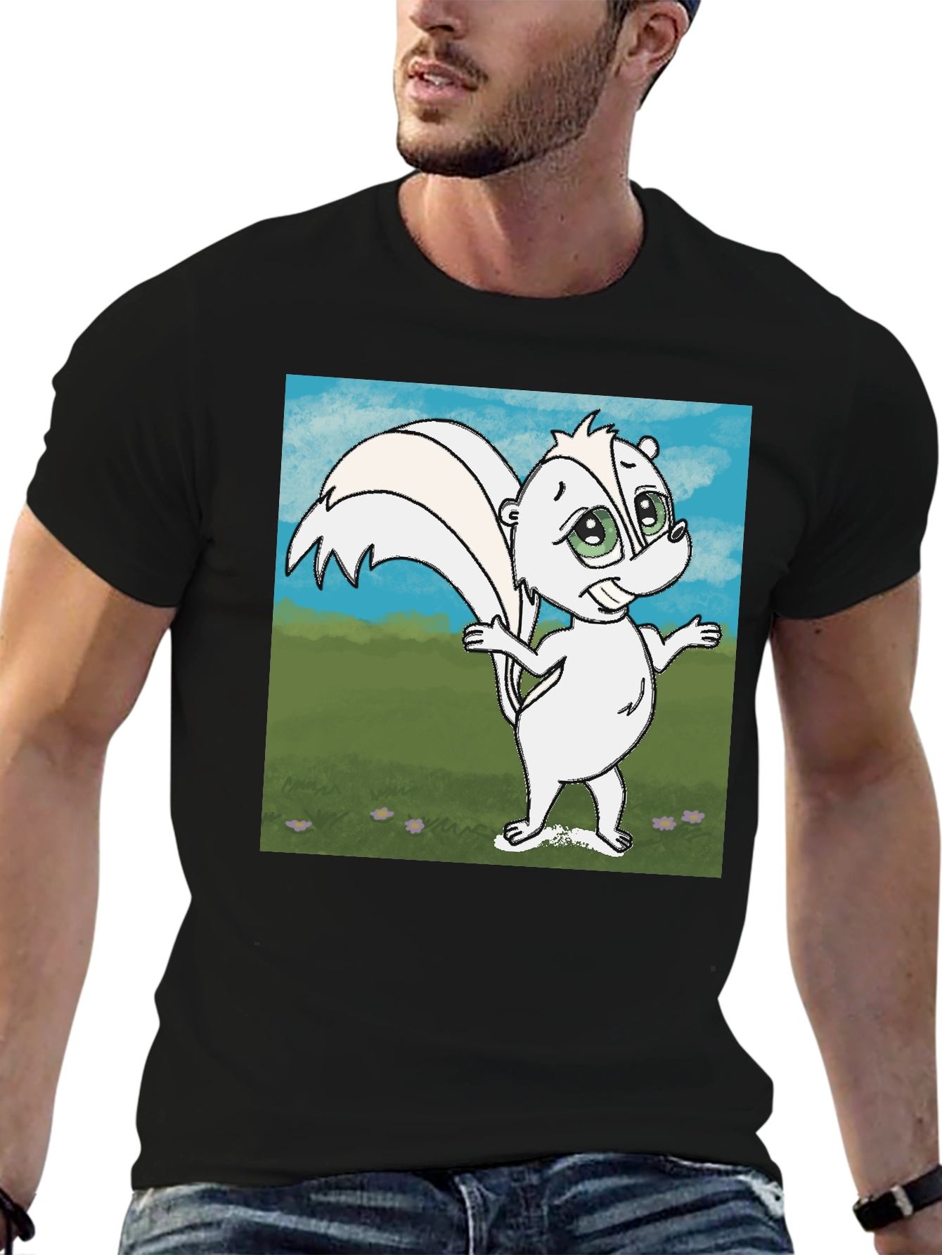 Black Cartoon Skunk Graphic T-Shirt - Unisex Cotton Tee view 6
