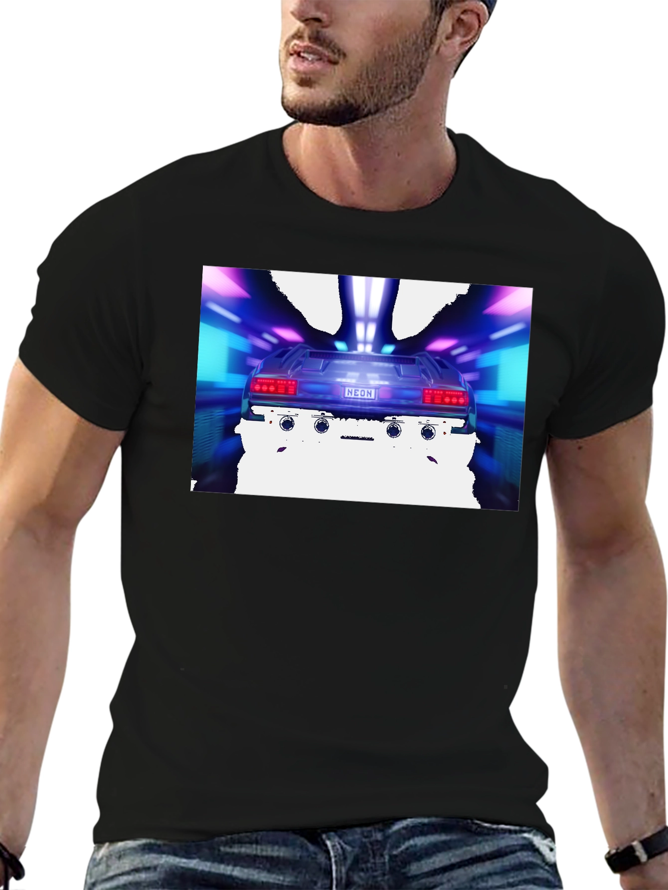 Black Retro Neon Car T-Shirt - Vintage 80s Style view 6