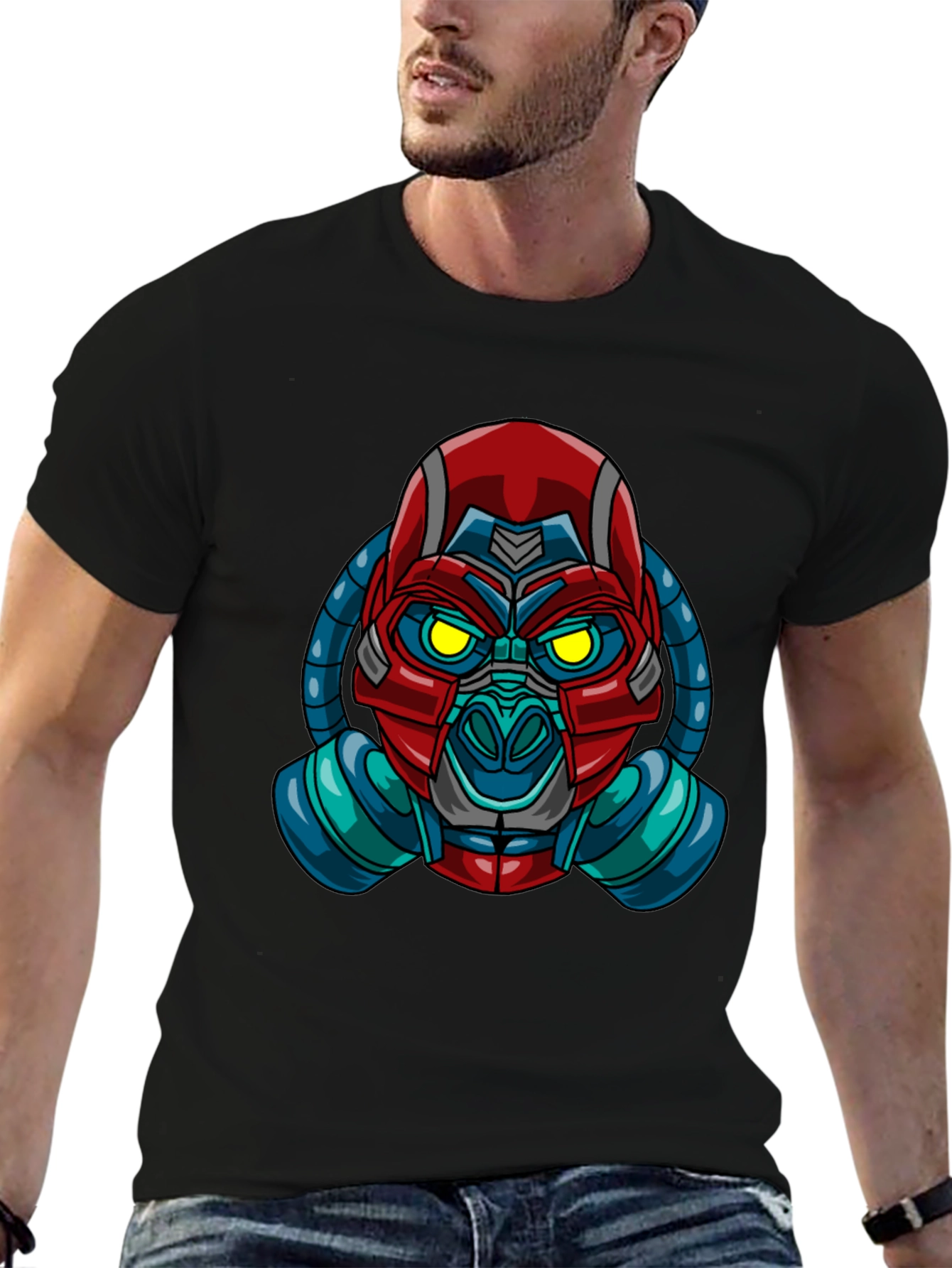 Black Futuristic Robot Gas Mask Graphic T-Shirt view 6