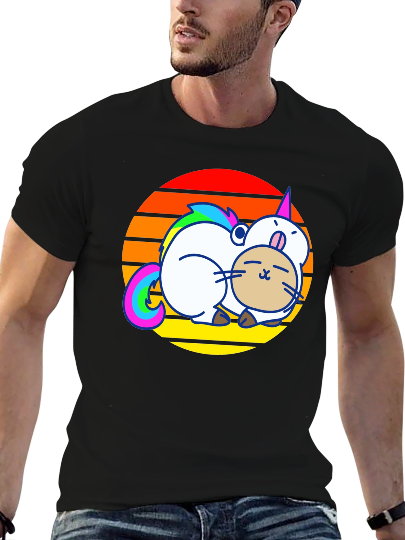 Black Unicorn Cat Sunset Graphic T-Shirt view 6