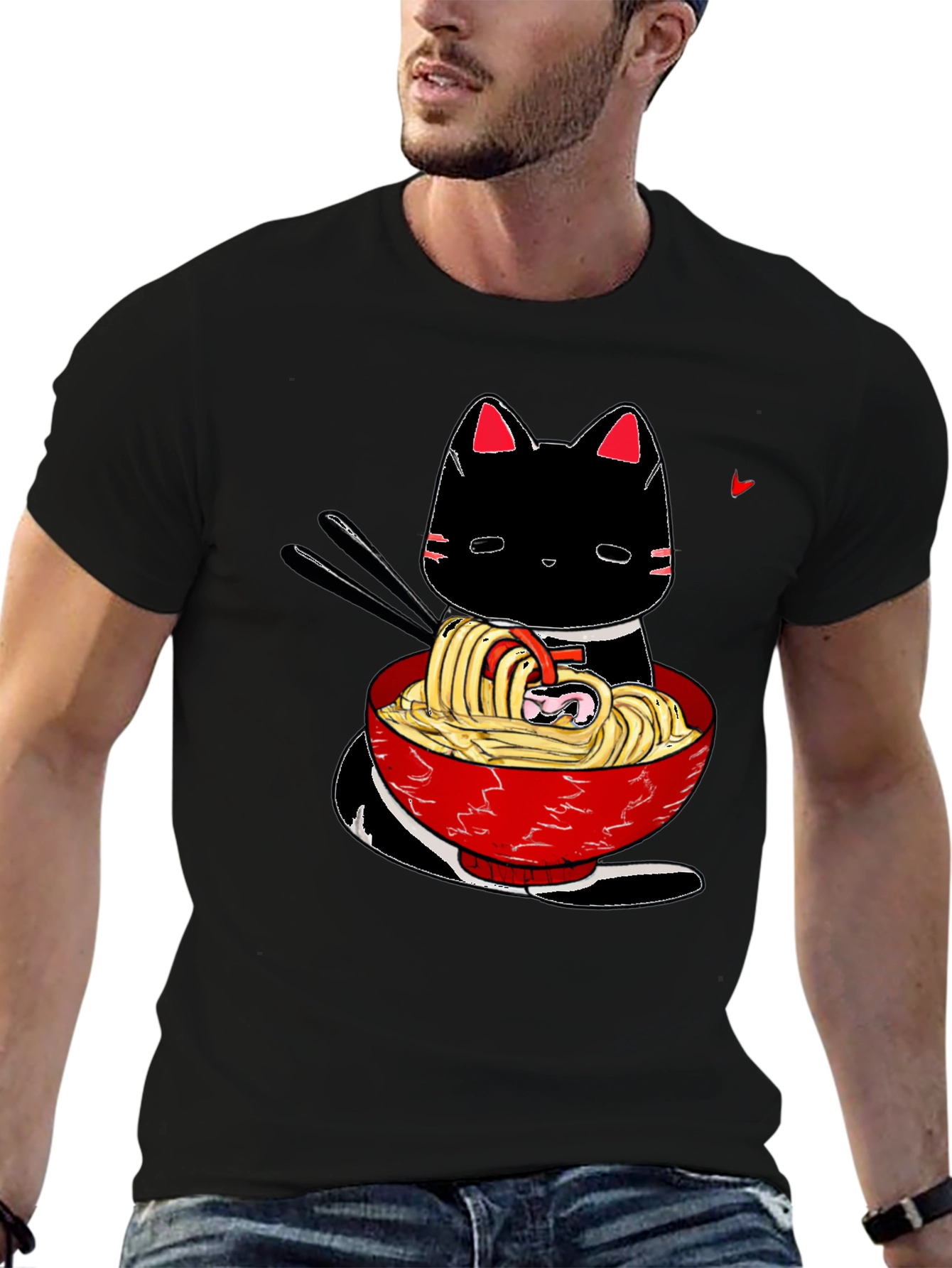 Black Ramen Cat Black T-Shirt - Anime Style view 6