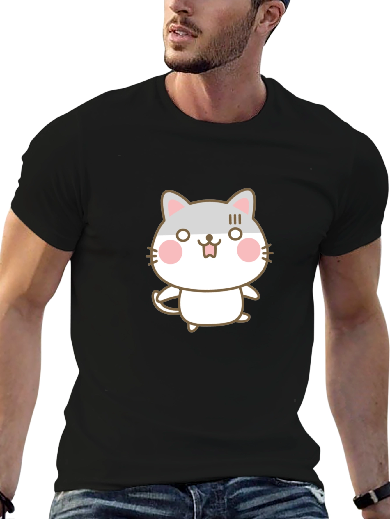 Black Cute Cartoon Cat Graphic Black T-Shirt view 6