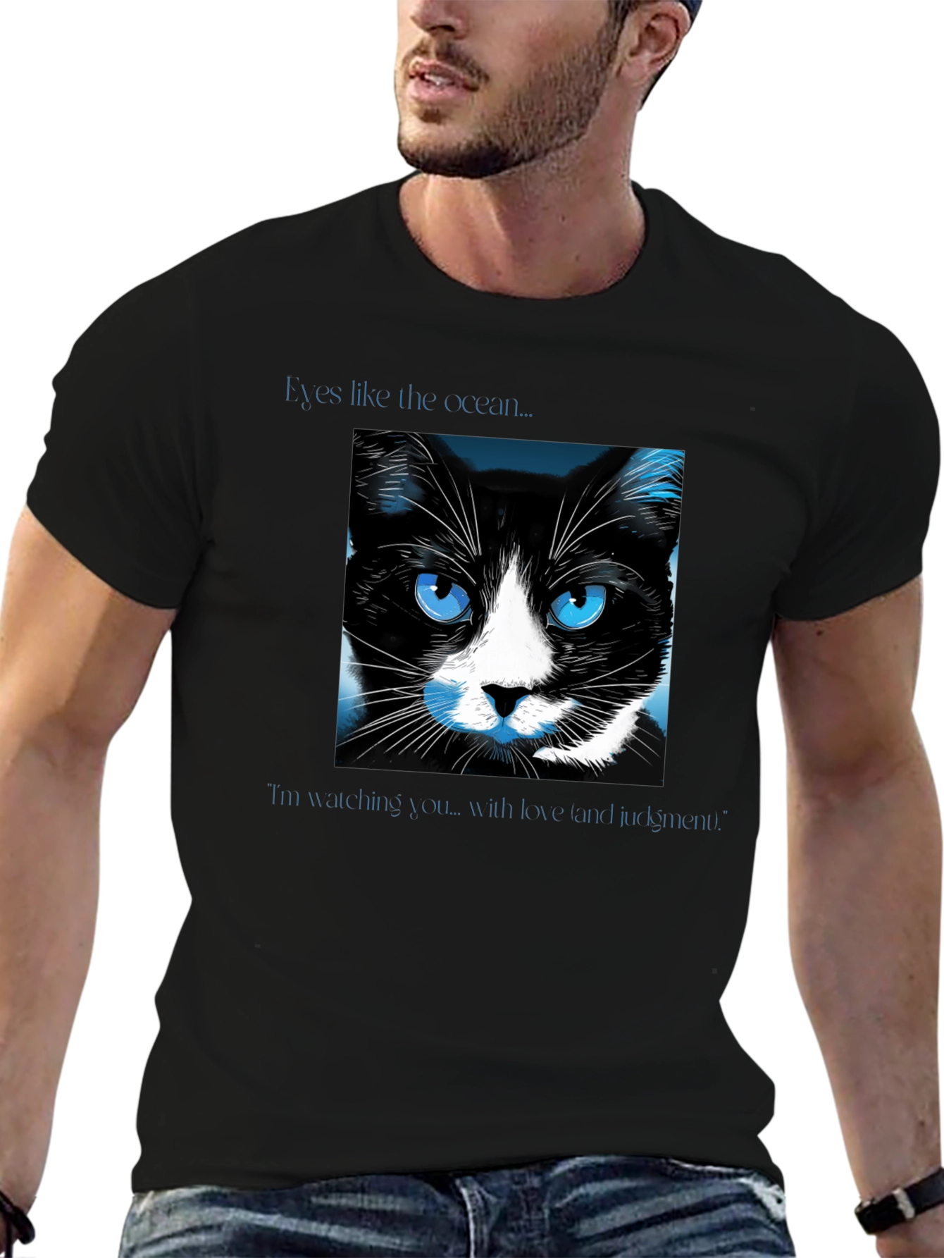 Black Ocean Eyes Cat Graphic Tee - Soft Black Shirt view 6